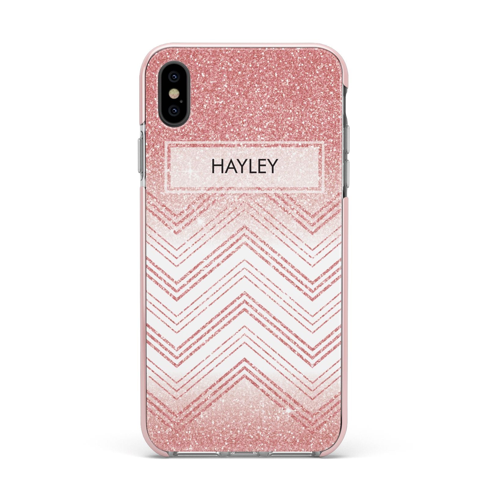 Personalised Faux Glitter Effect Name Initials Apple iPhone Xs Max Impact Case Pink Edge on Black Phone