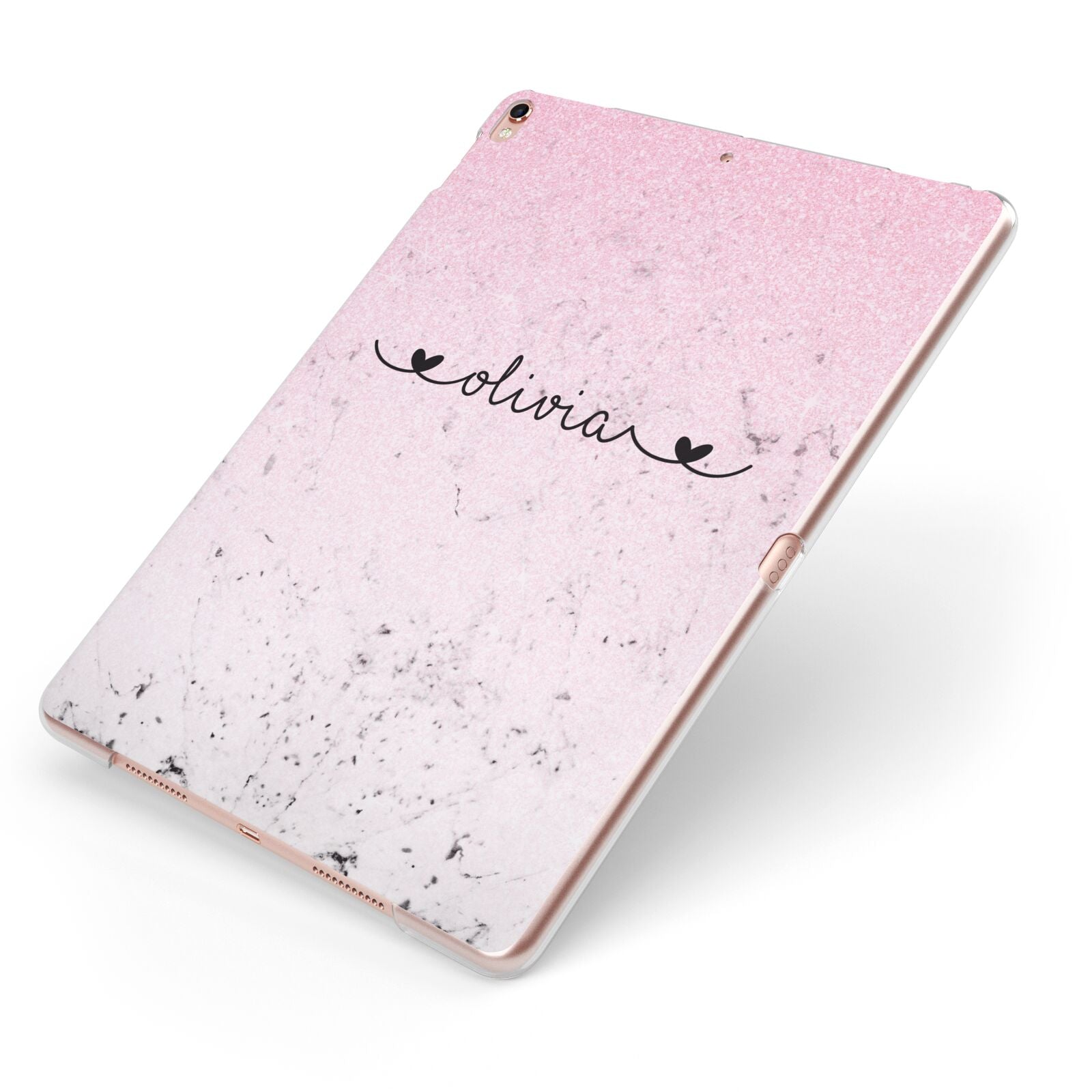 Personalised Faux Glitter Marble Name Apple iPad Case on Rose Gold iPad Side View