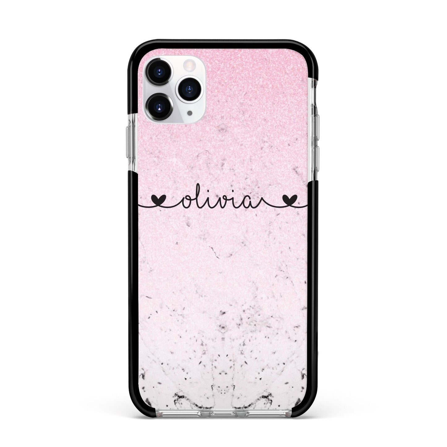 Personalised Faux Glitter Marble Name Apple iPhone 11 Pro Max in Silver with Black Impact Case