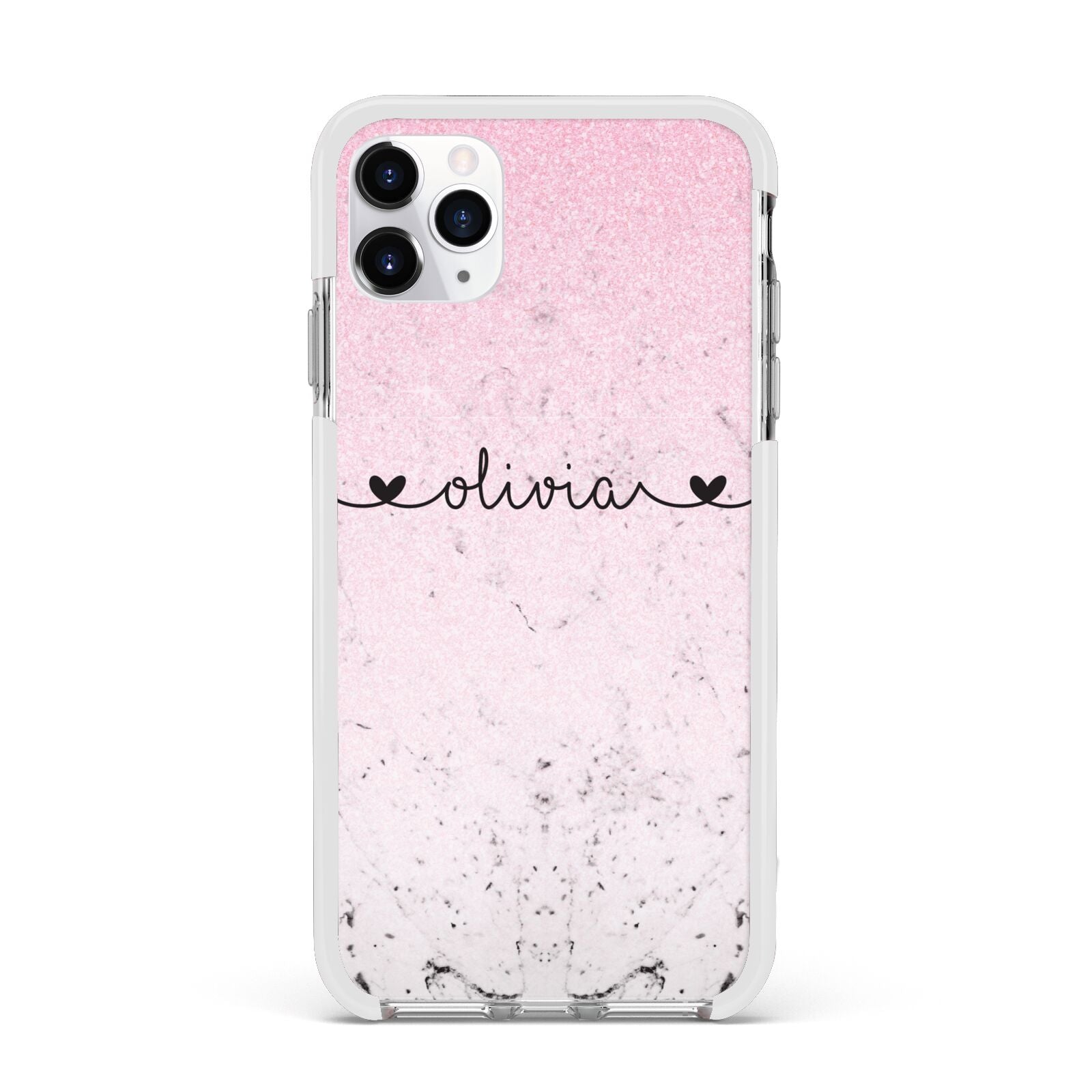 Personalised Faux Glitter Marble Name Apple iPhone 11 Pro Max in Silver with White Impact Case