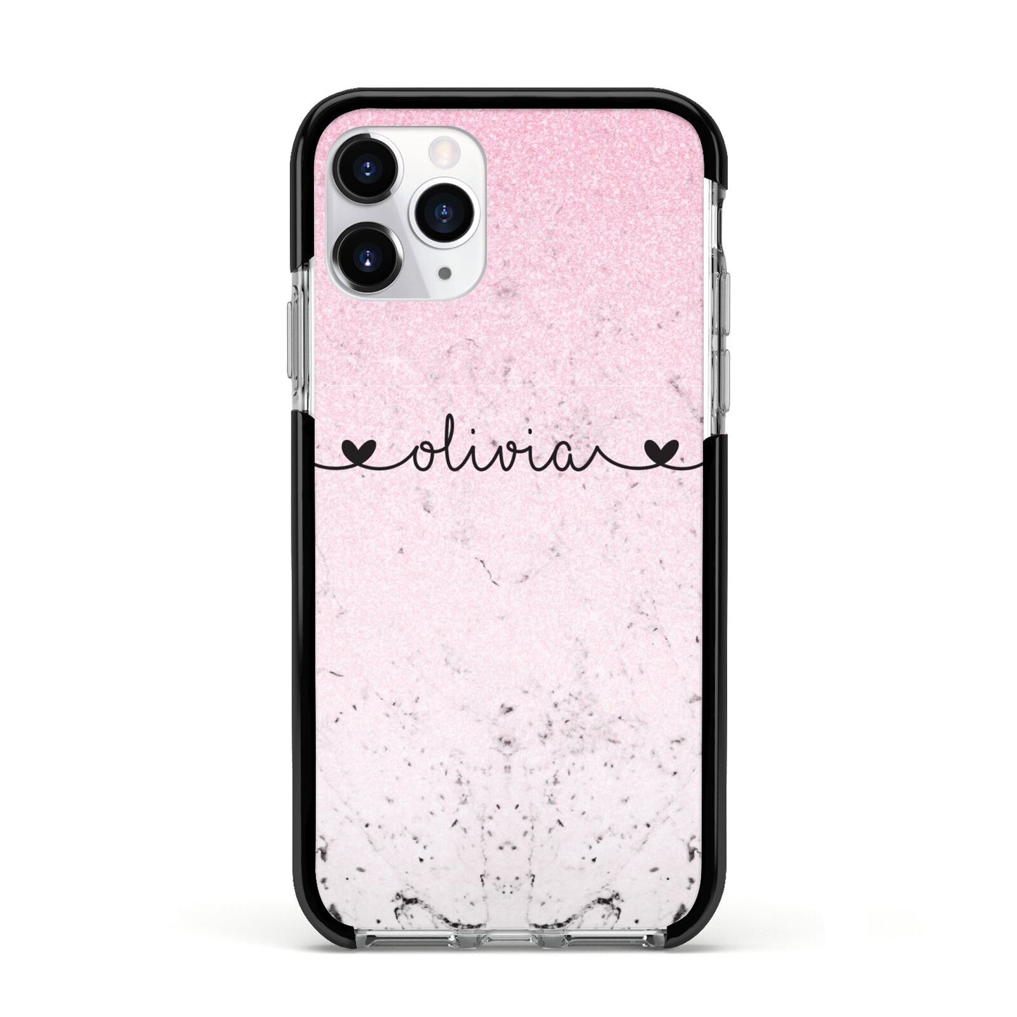 Personalised Faux Glitter Marble Name Apple iPhone 11 Pro in Silver with Black Impact Case