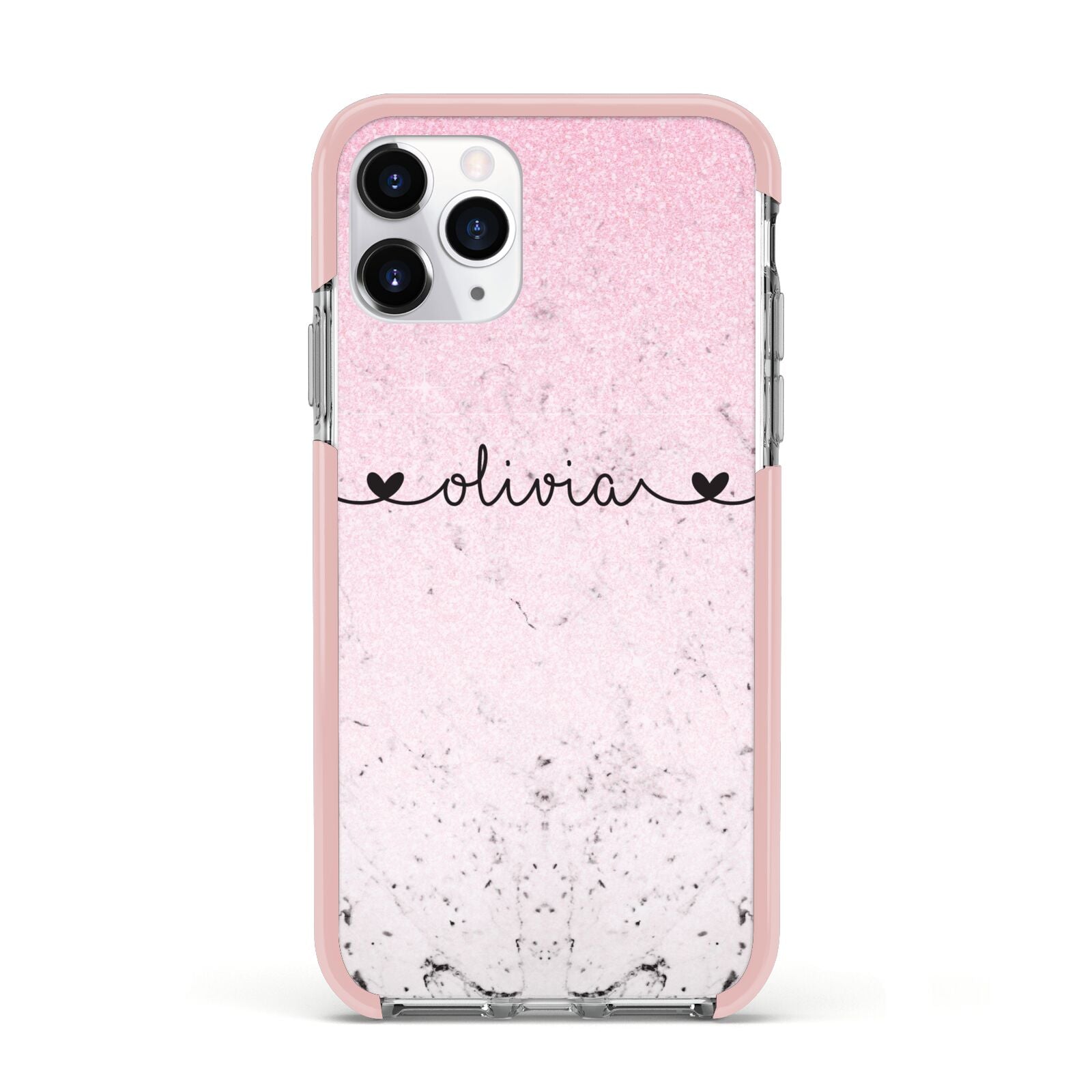 Personalised Faux Glitter Marble Name Apple iPhone 11 Pro in Silver with Pink Impact Case