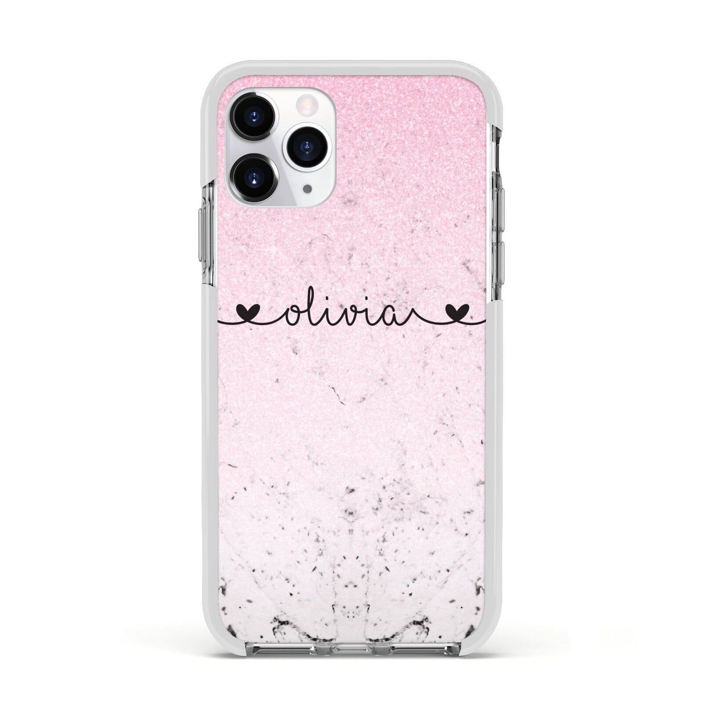 Personalised Faux Glitter Marble Name Apple iPhone 11 Pro in Silver with White Impact Case