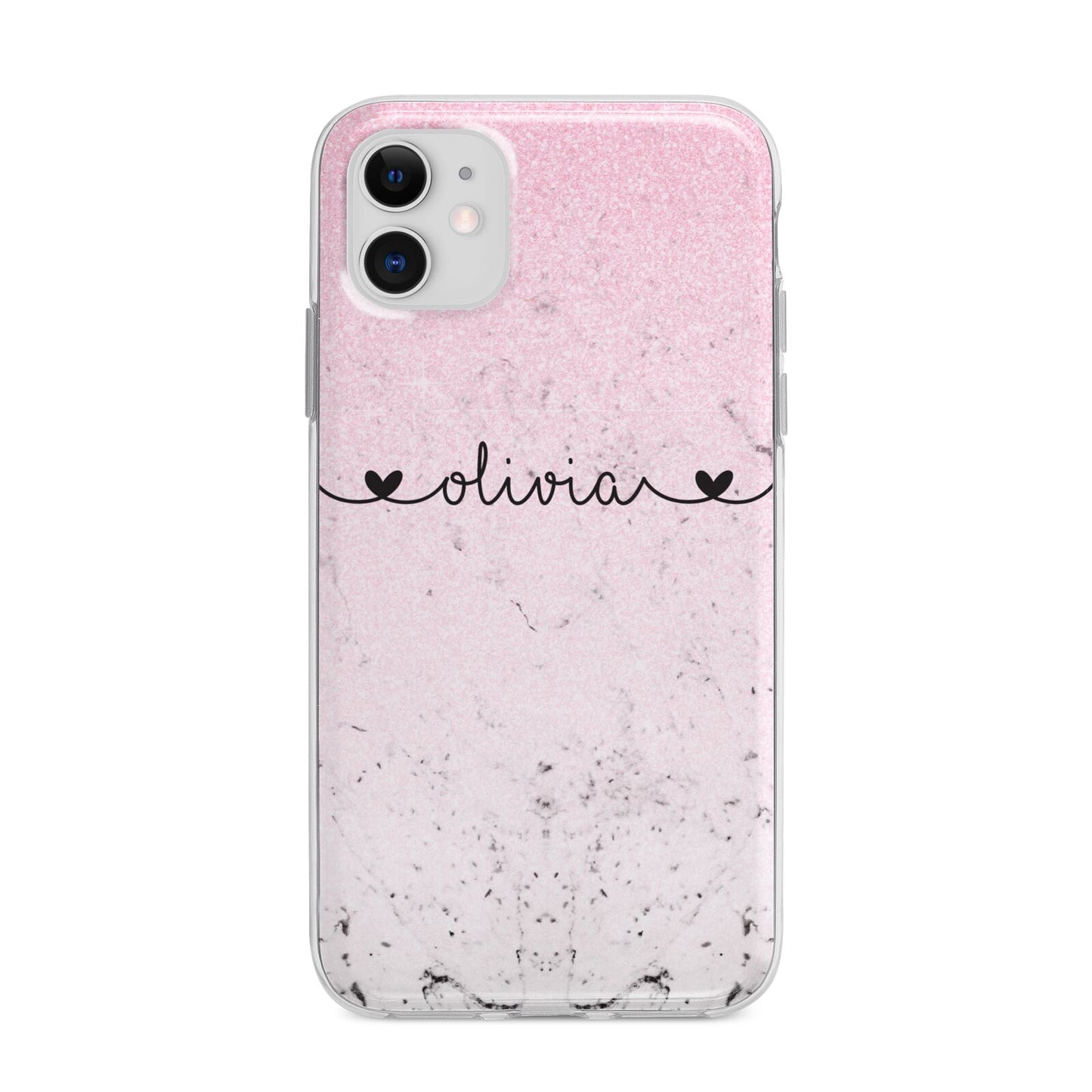 Personalised Faux Glitter Marble Name Apple iPhone 11 in White with Bumper Case