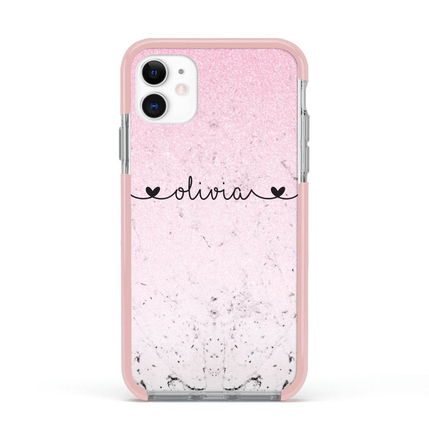 Personalised Faux Glitter Marble Name Apple iPhone 11 in White with Pink Impact Case