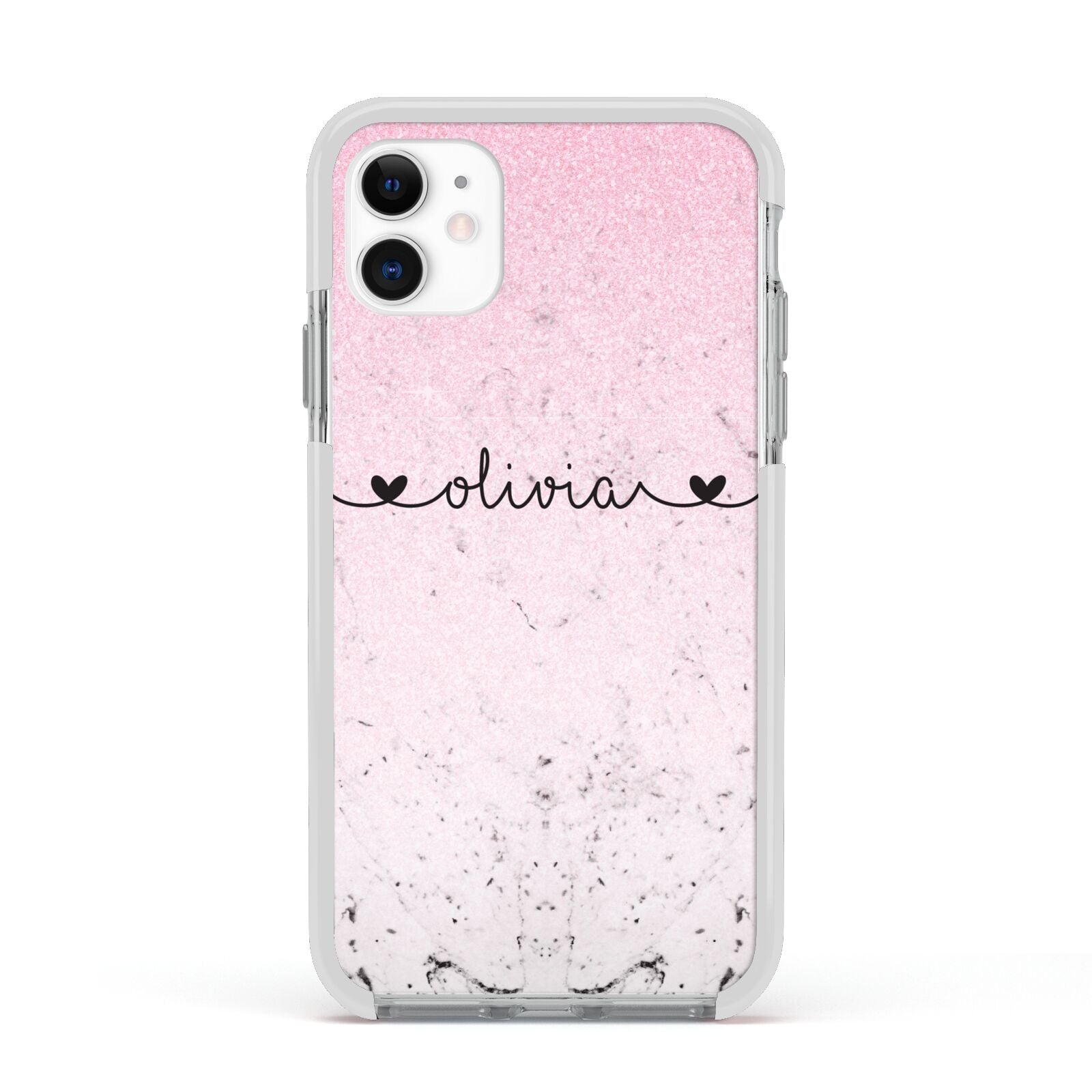 Personalised Faux Glitter Marble Name Apple iPhone 11 in White with White Impact Case