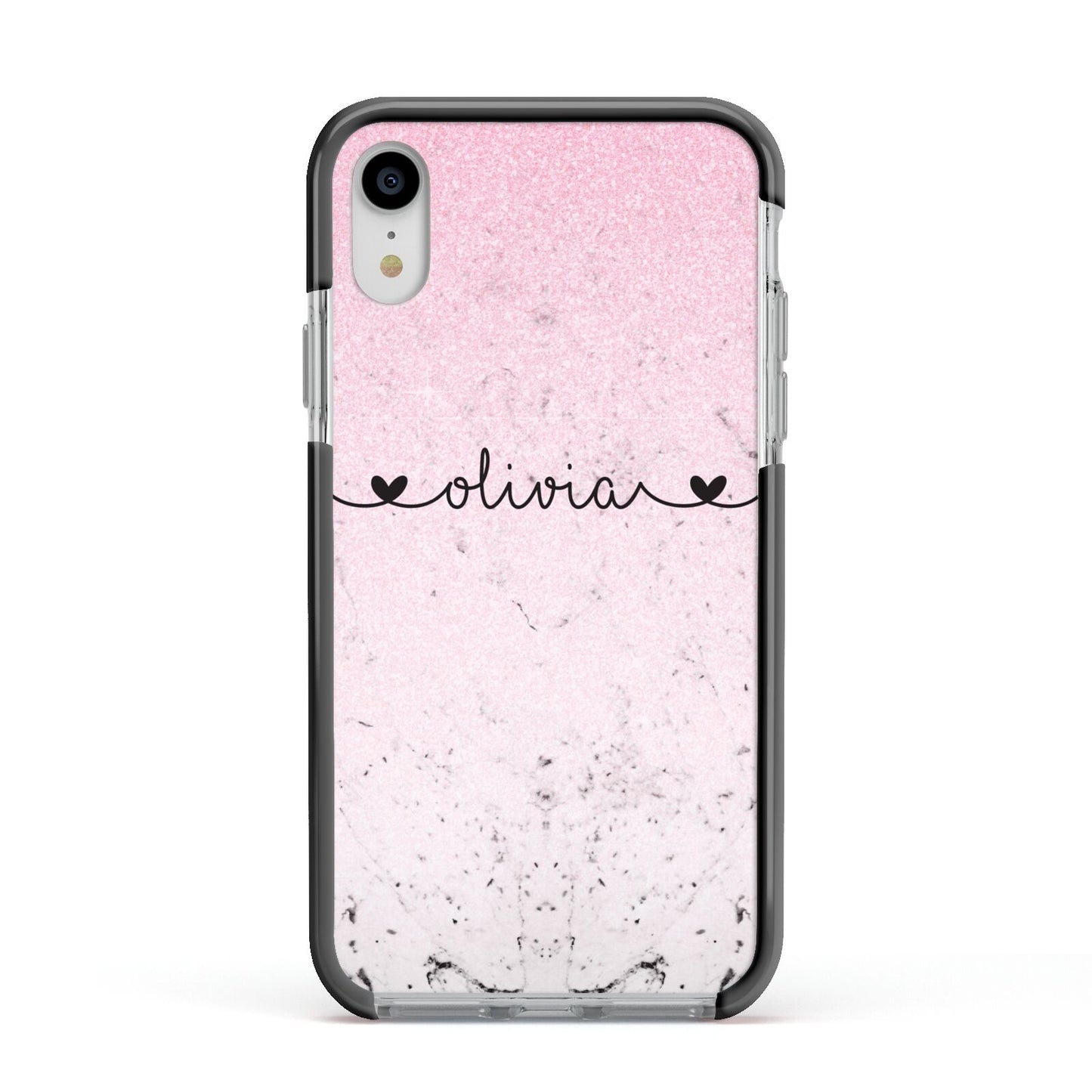Personalised Faux Glitter Marble Name Apple iPhone XR Impact Case Black Edge on Silver Phone