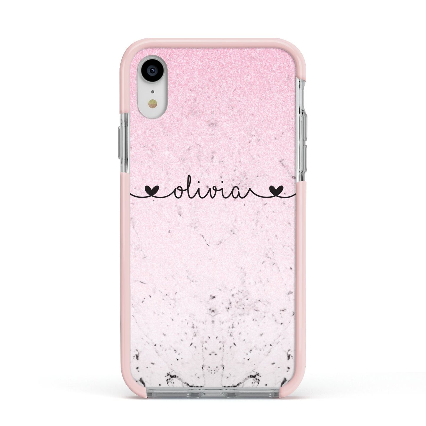 Personalised Faux Glitter Marble Name Apple iPhone XR Impact Case Pink Edge on Silver Phone