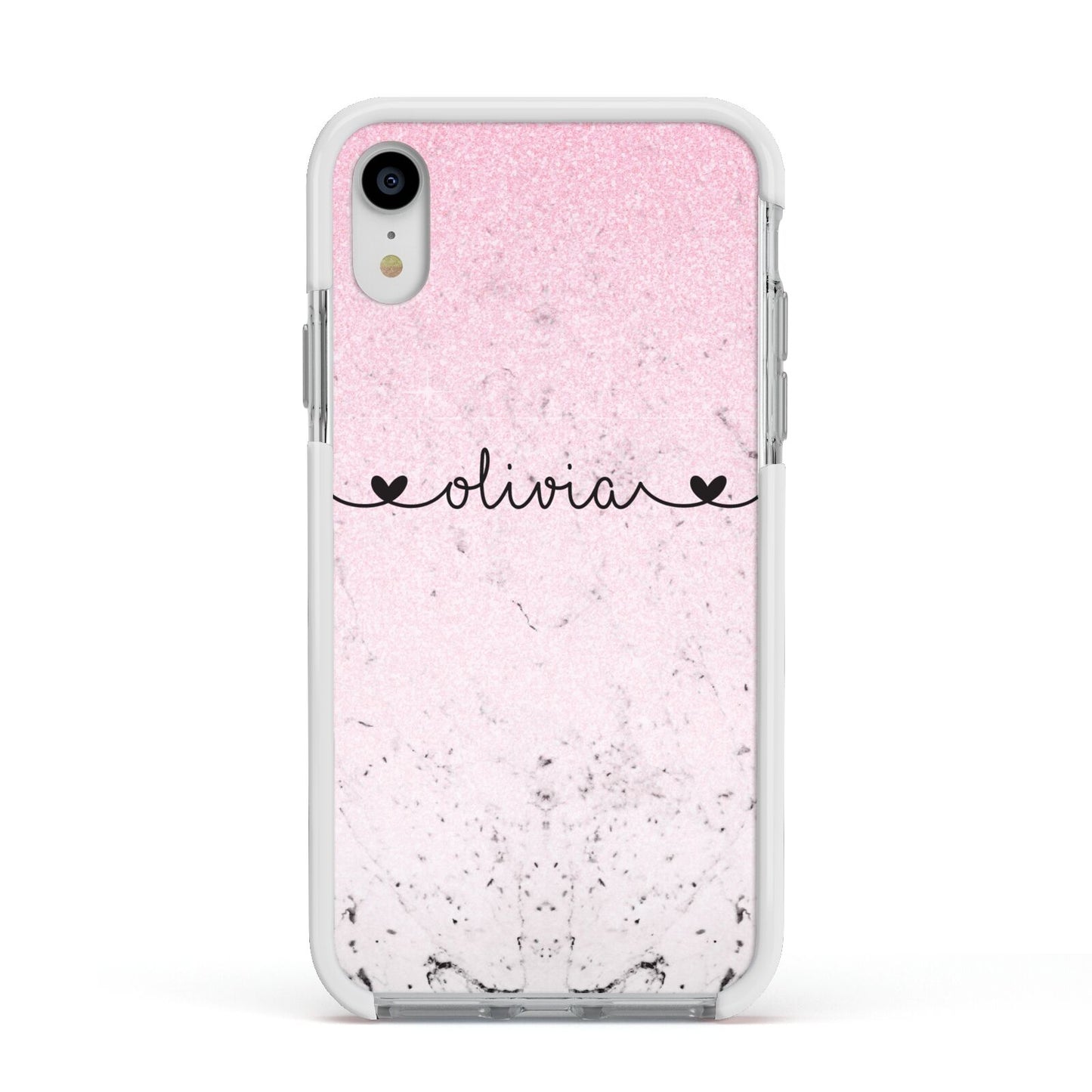 Personalised Faux Glitter Marble Name Apple iPhone XR Impact Case White Edge on Silver Phone