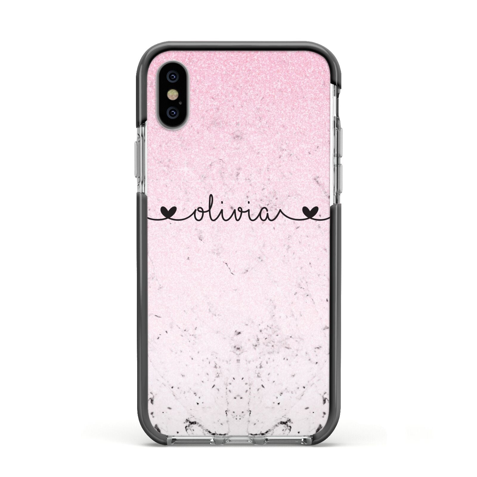 Personalised Faux Glitter Marble Name Apple iPhone Xs Impact Case Black Edge on Silver Phone