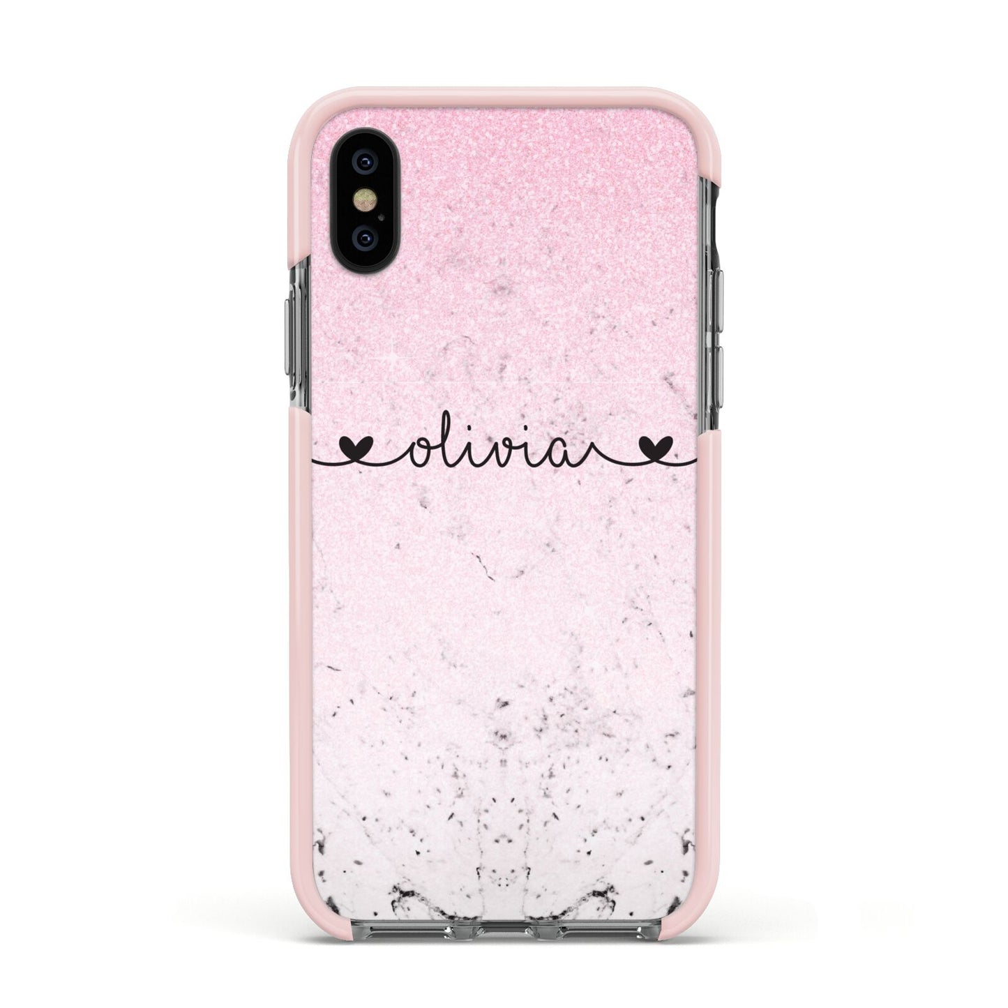 Personalised Faux Glitter Marble Name Apple iPhone Xs Impact Case Pink Edge on Black Phone