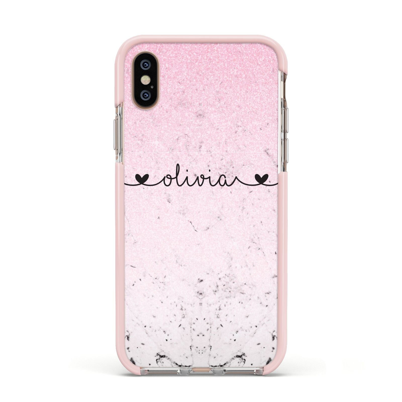 Personalised Faux Glitter Marble Name Apple iPhone Xs Impact Case Pink Edge on Gold Phone