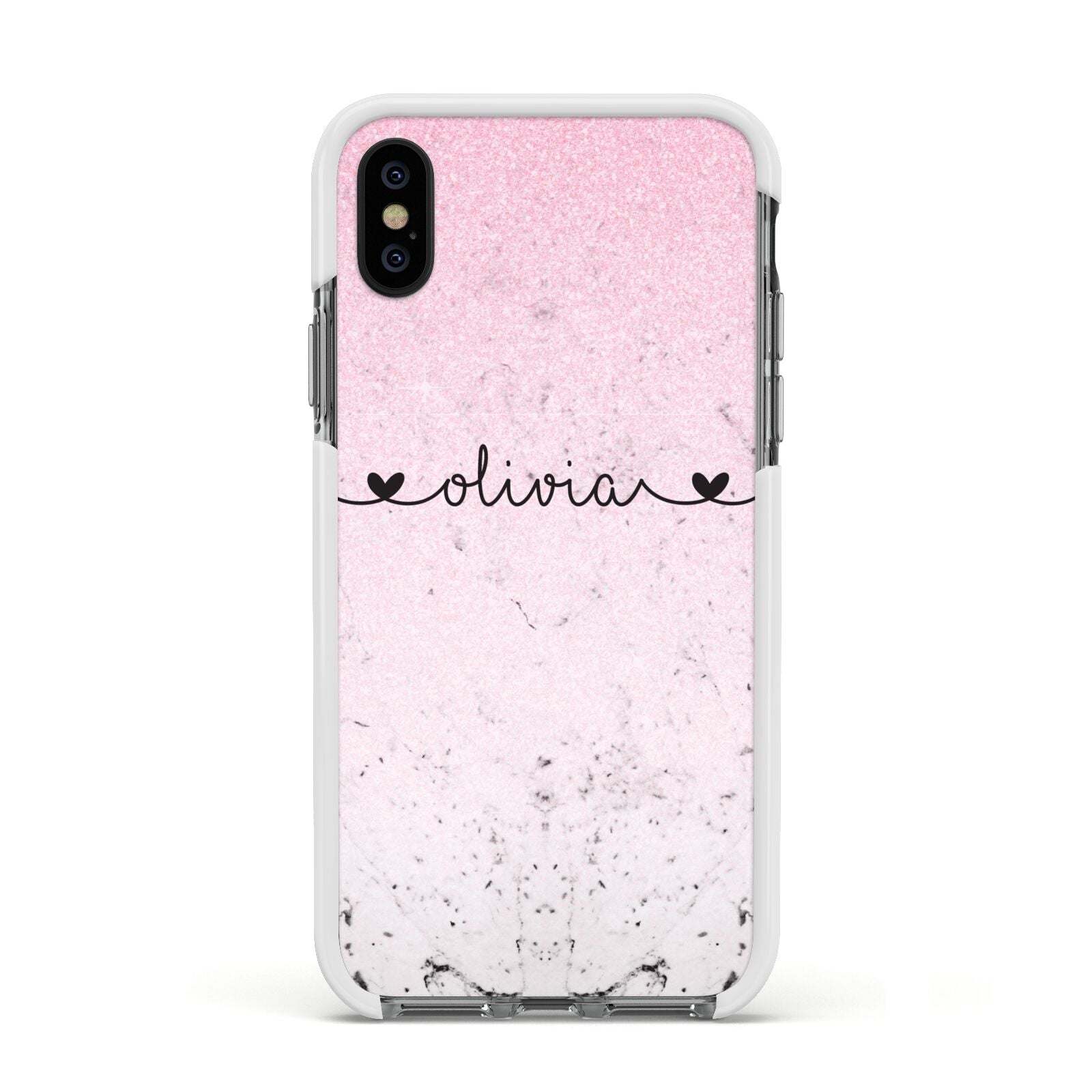Personalised Faux Glitter Marble Name Apple iPhone Xs Impact Case White Edge on Black Phone