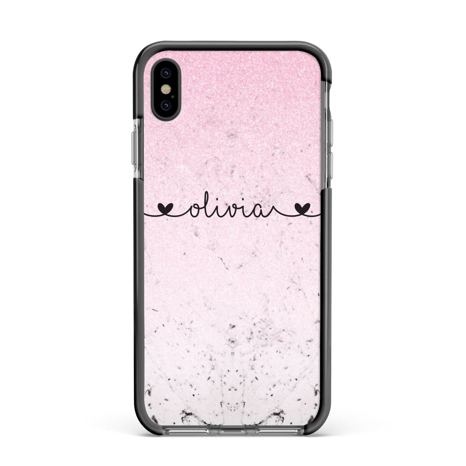 Personalised Faux Glitter Marble Name Apple iPhone Xs Max Impact Case Black Edge on Black Phone