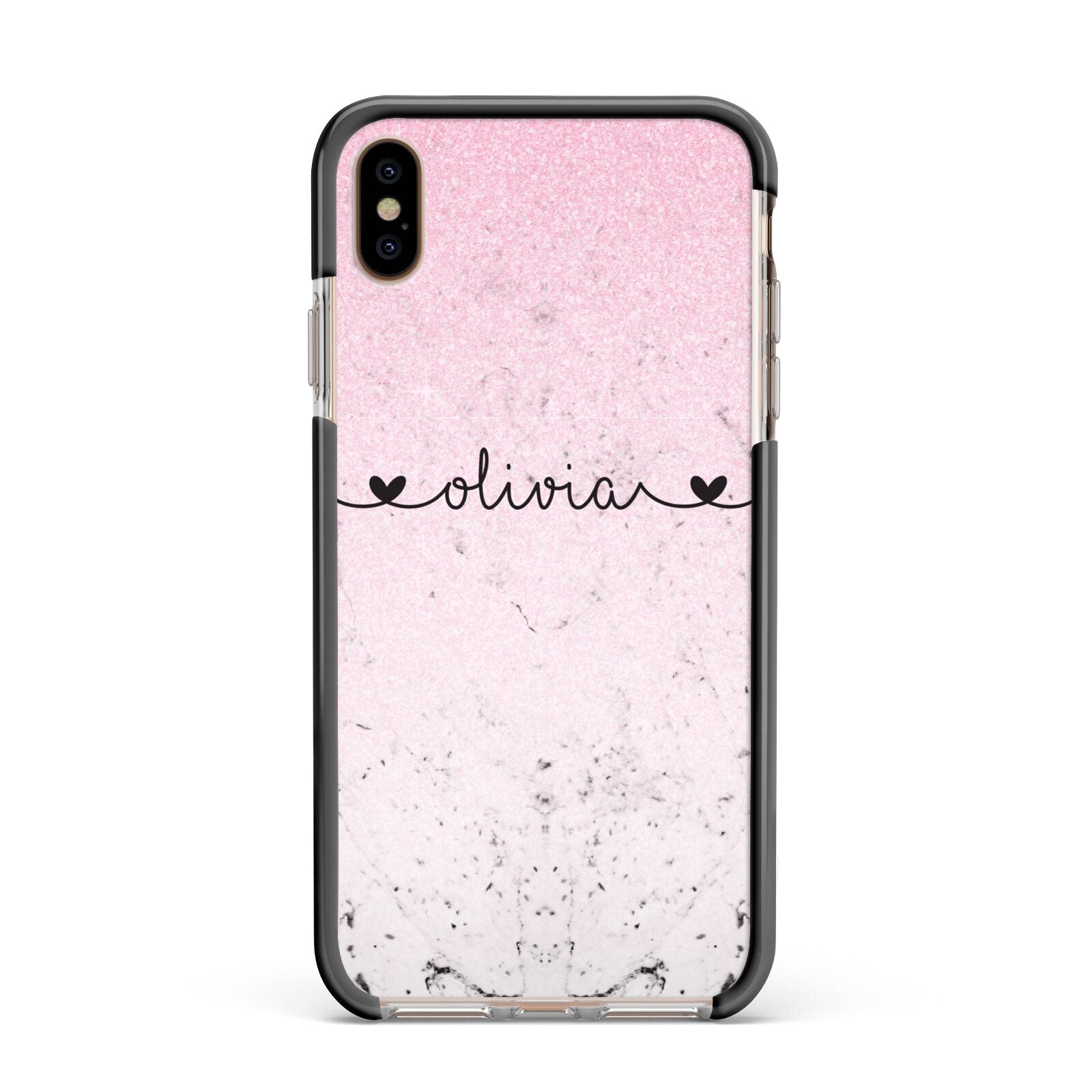 Personalised Faux Glitter Marble Name Apple iPhone Xs Max Impact Case Black Edge on Gold Phone