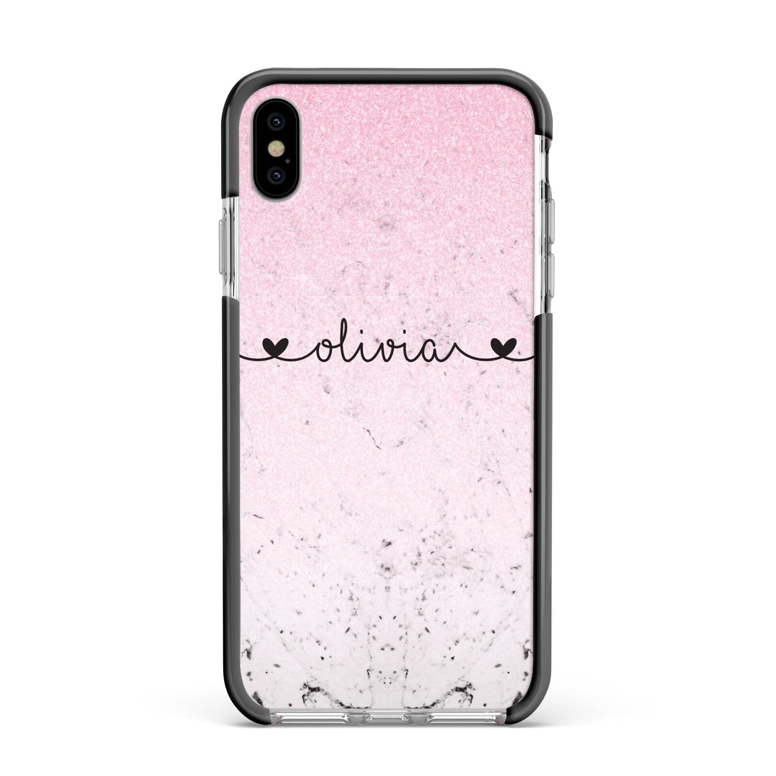 Personalised Faux Glitter Marble Name Apple iPhone Xs Max Impact Case Black Edge on Silver Phone