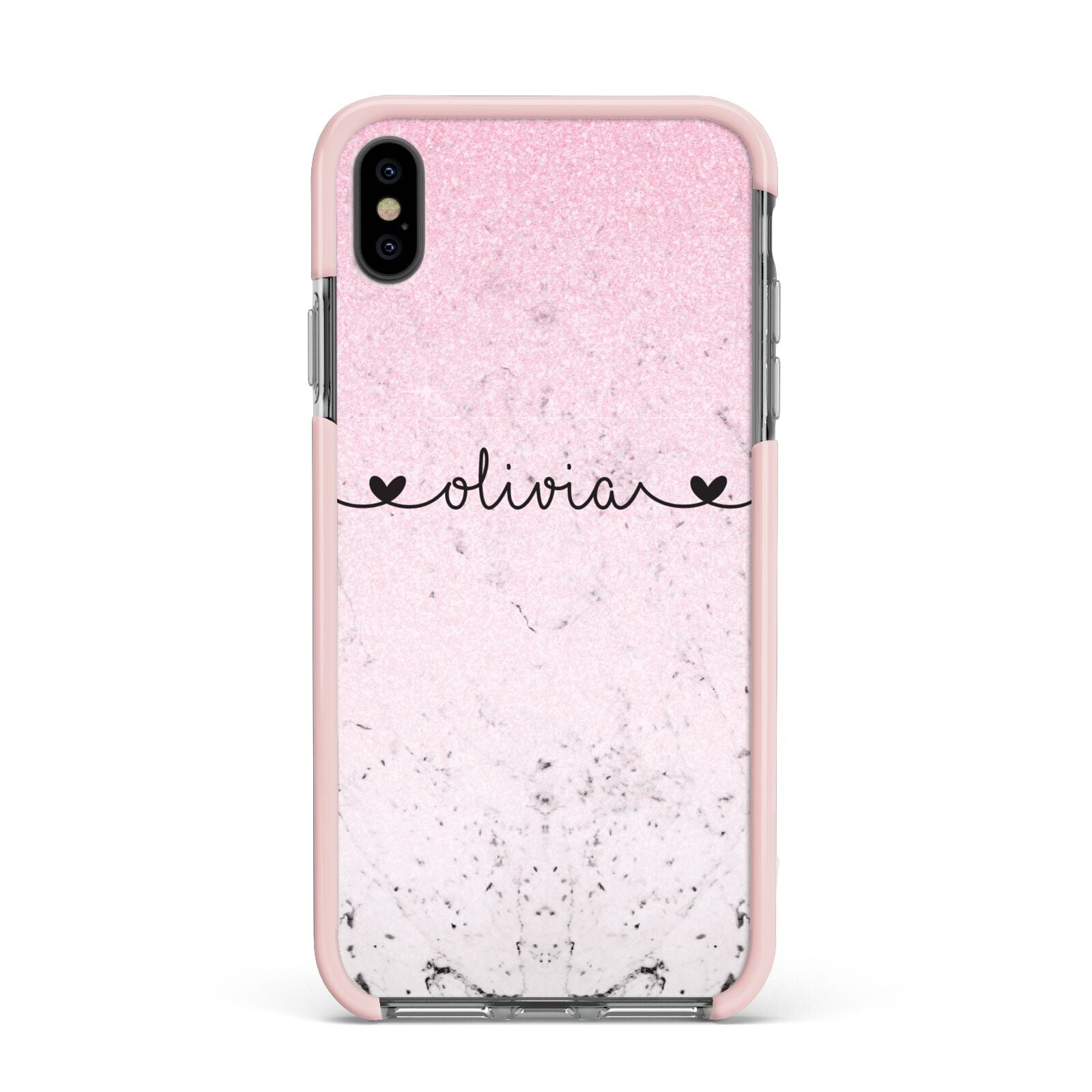 Personalised Faux Glitter Marble Name Apple iPhone Xs Max Impact Case Pink Edge on Black Phone