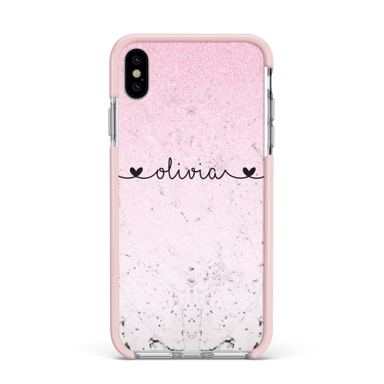 Personalised Faux Glitter Marble Name Apple iPhone Xs Max Impact Case Pink Edge on Silver Phone