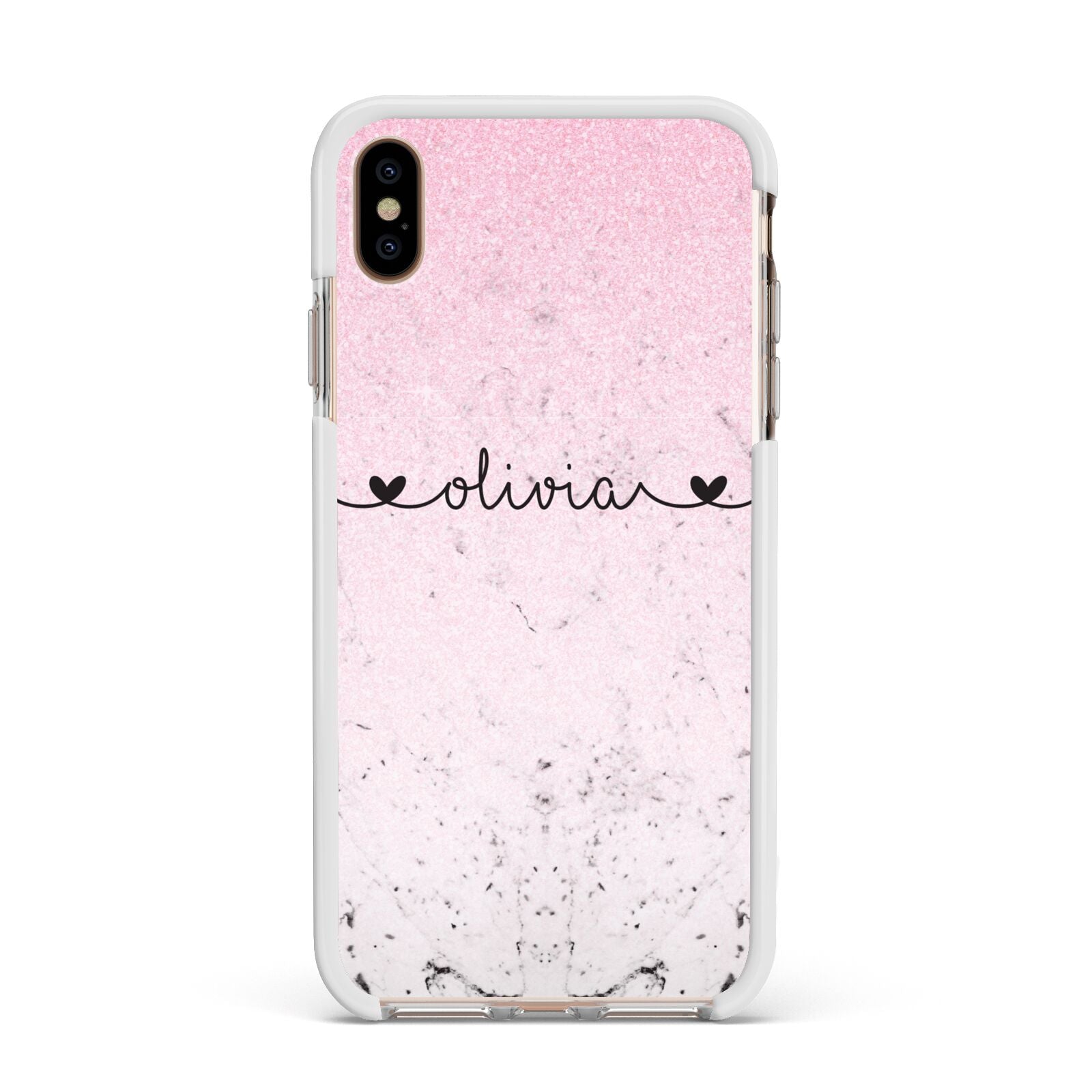 Personalised Faux Glitter Marble Name Apple iPhone Xs Max Impact Case White Edge on Gold Phone