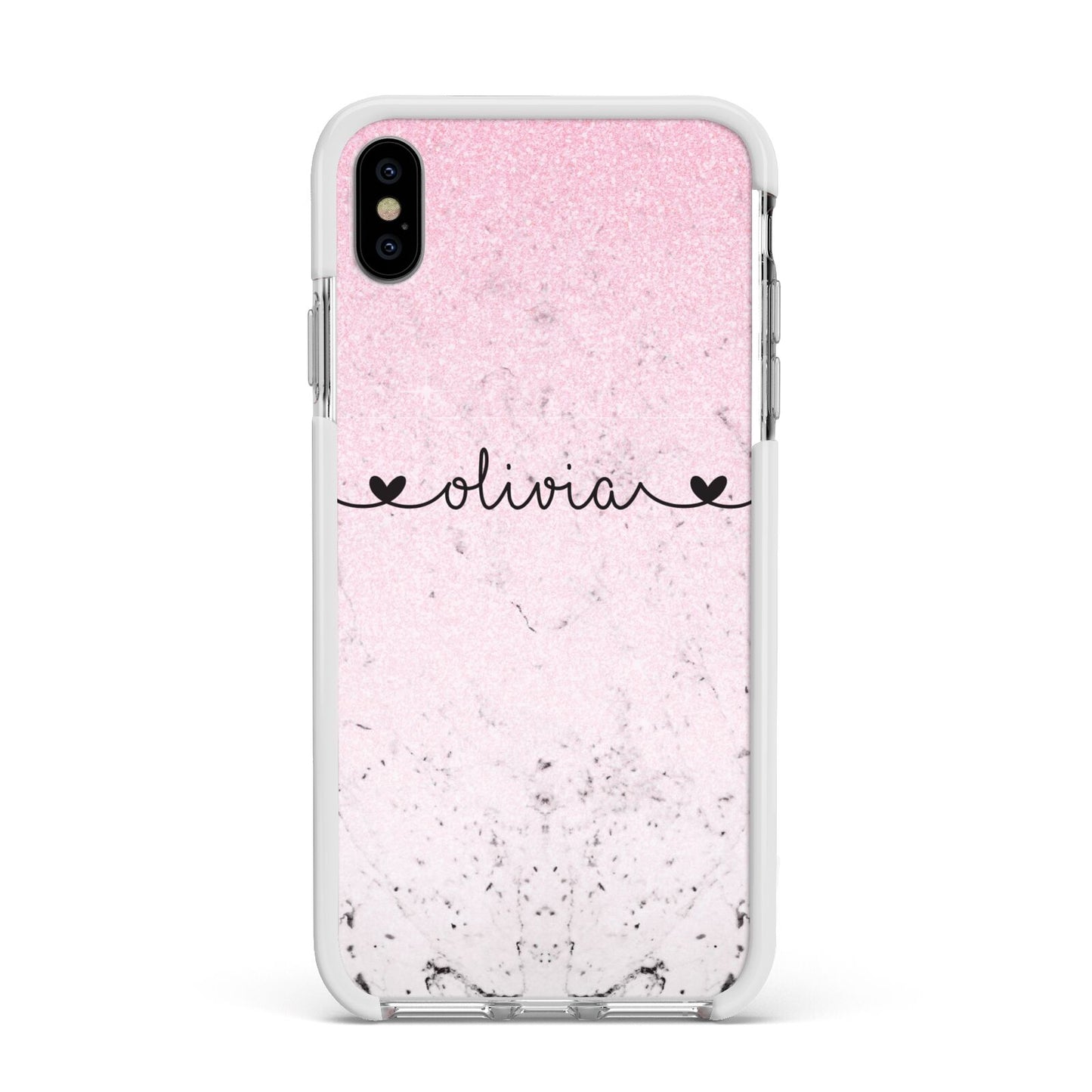 Personalised Faux Glitter Marble Name Apple iPhone Xs Max Impact Case White Edge on Silver Phone