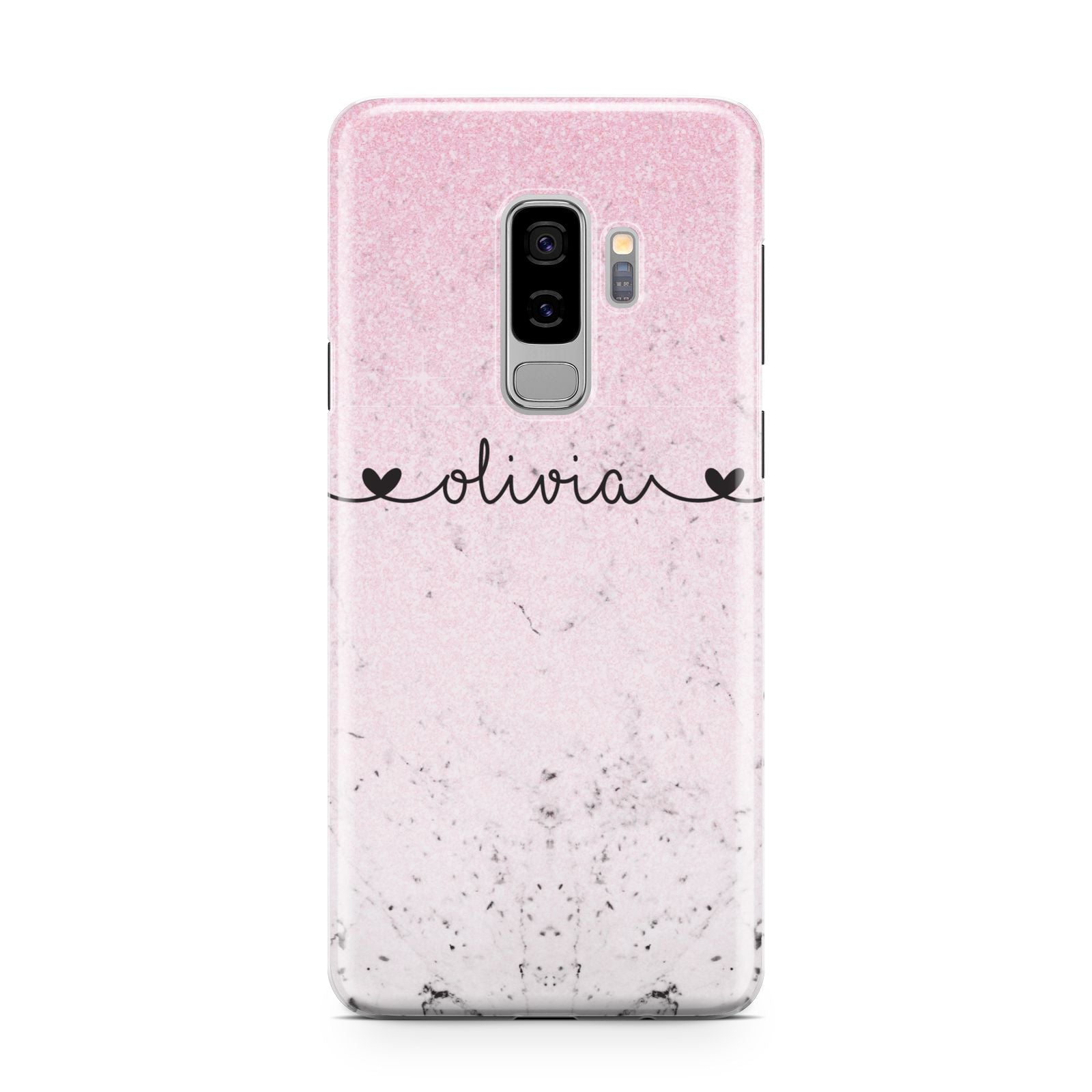 Personalised Faux Glitter Marble Name Samsung Galaxy S9 Plus Case on Silver phone