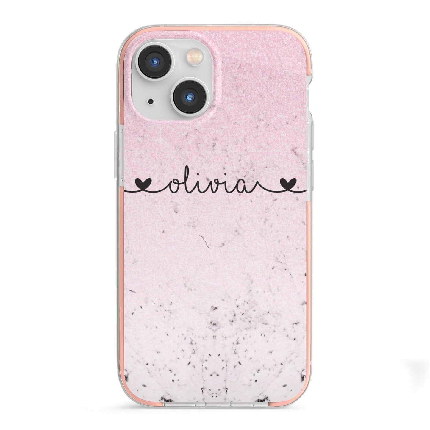 Personalised Faux Glitter Marble Name iPhone 13 Mini TPU Impact Case with Pink Edges