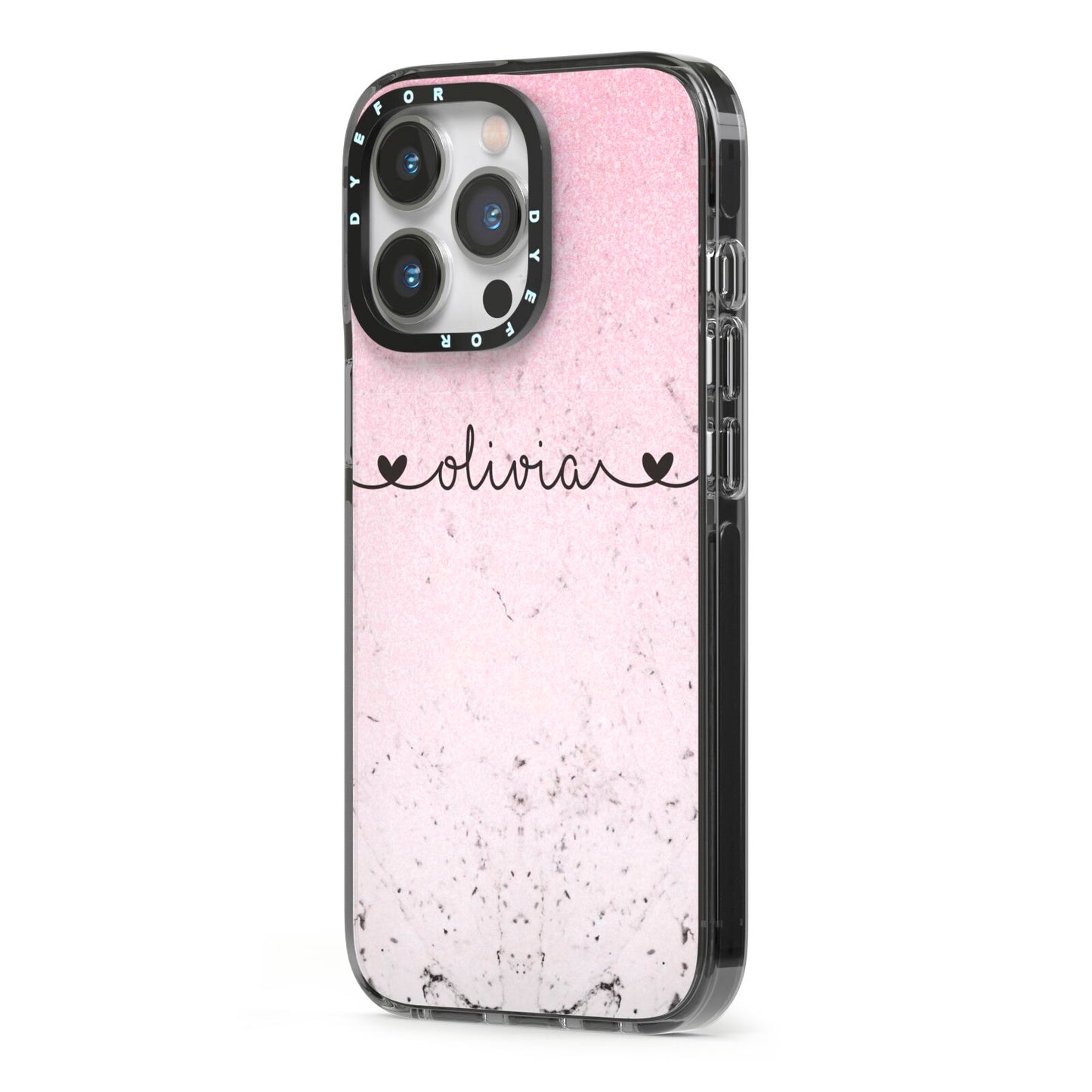Personalised Faux Glitter Marble Name iPhone 13 Pro Black Impact Case Side Angle on Silver phone