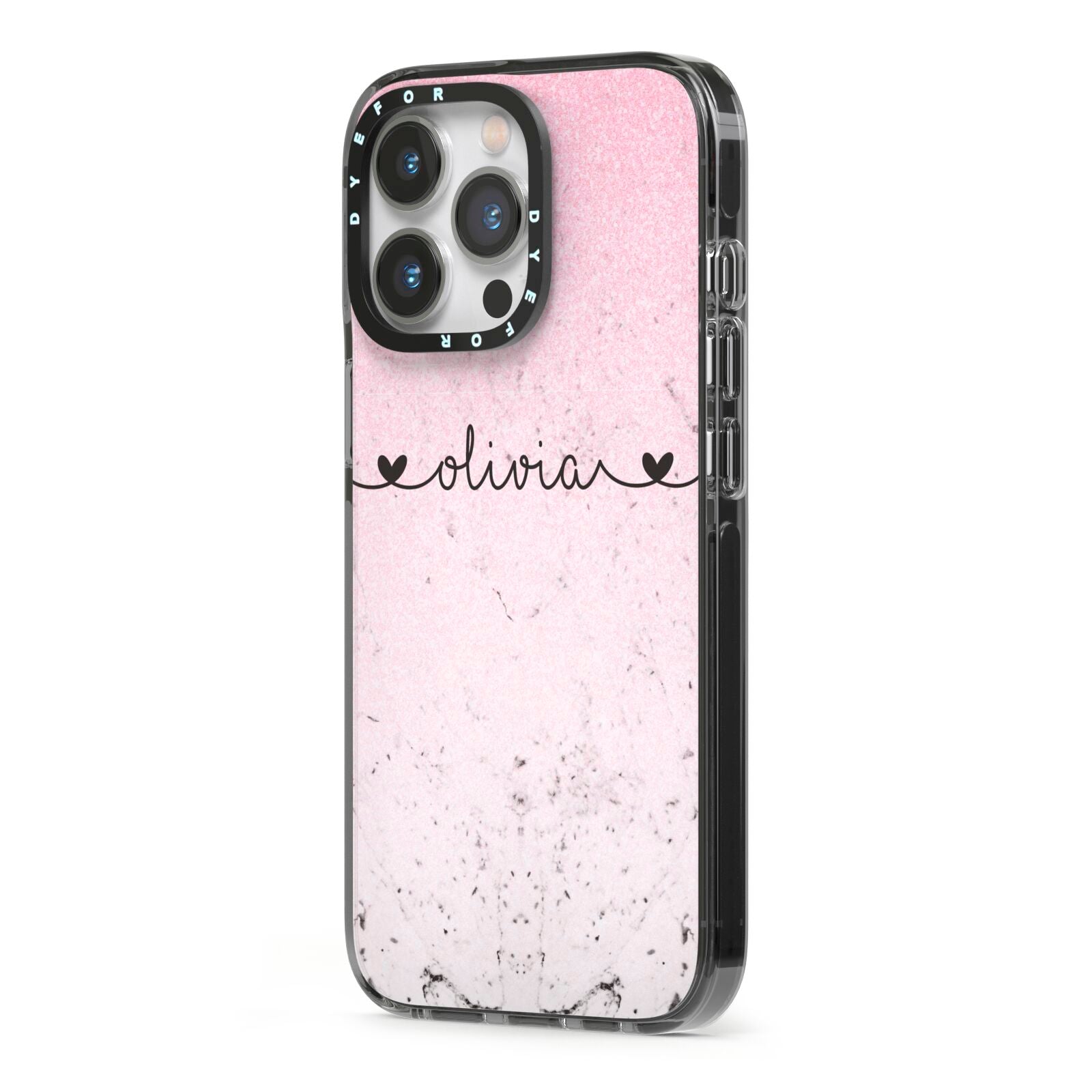 Personalised Faux Glitter Marble Name iPhone 13 Pro Black Impact Case Side Angle on Silver phone