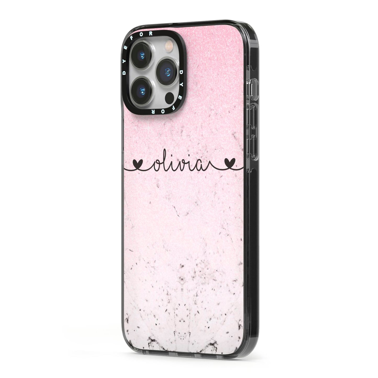 Personalised Faux Glitter Marble Name iPhone 13 Pro Max Black Impact Case Side Angle on Silver phone