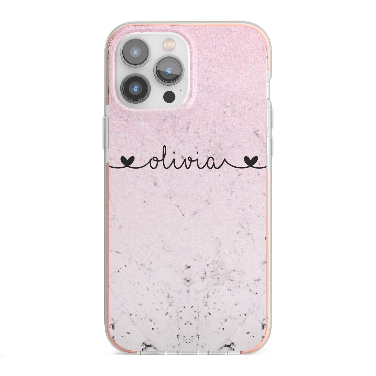 Personalised Faux Glitter Marble Name iPhone 13 Pro Max TPU Impact Case with Pink Edges