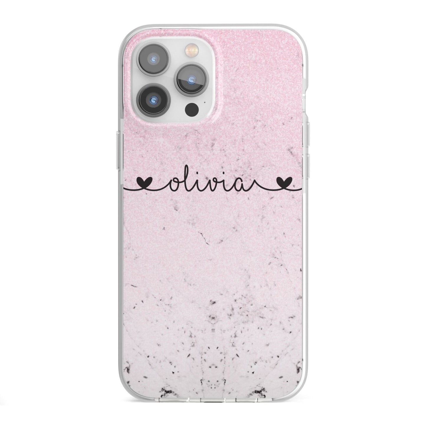 Personalised Faux Glitter Marble Name iPhone 13 Pro Max TPU Impact Case with White Edges