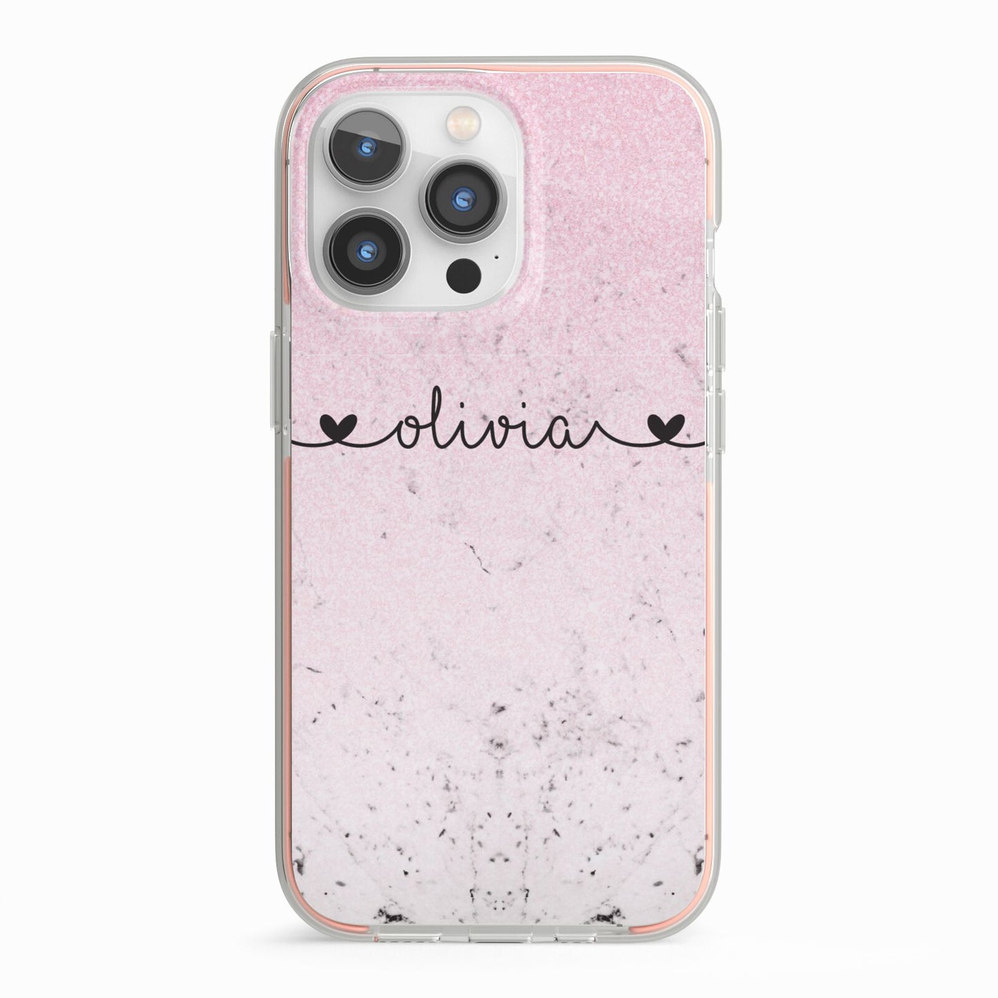 Personalised Faux Glitter Marble Name iPhone 13 Pro TPU Impact Case with Pink Edges