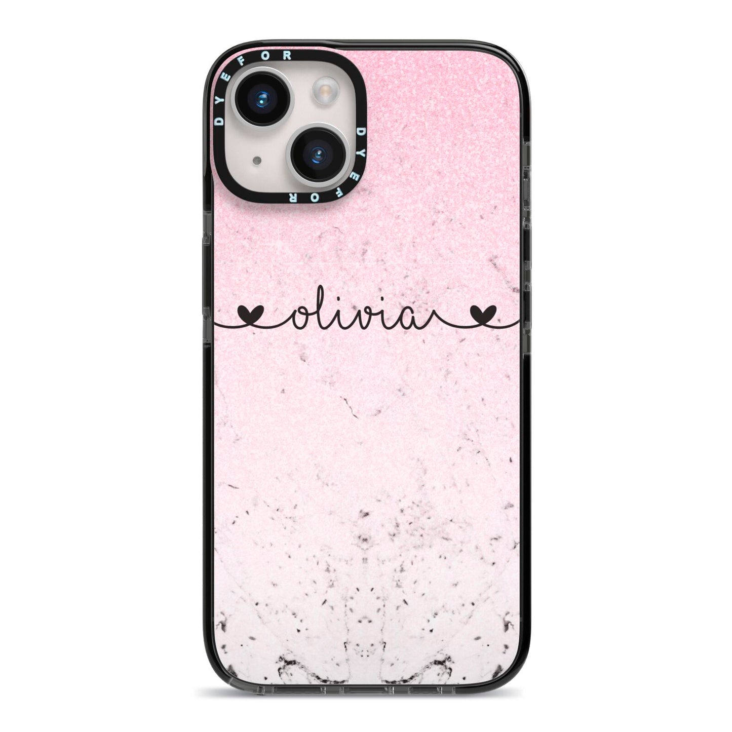 Personalised Faux Glitter Marble Name iPhone 14 Black Impact Case on Silver phone