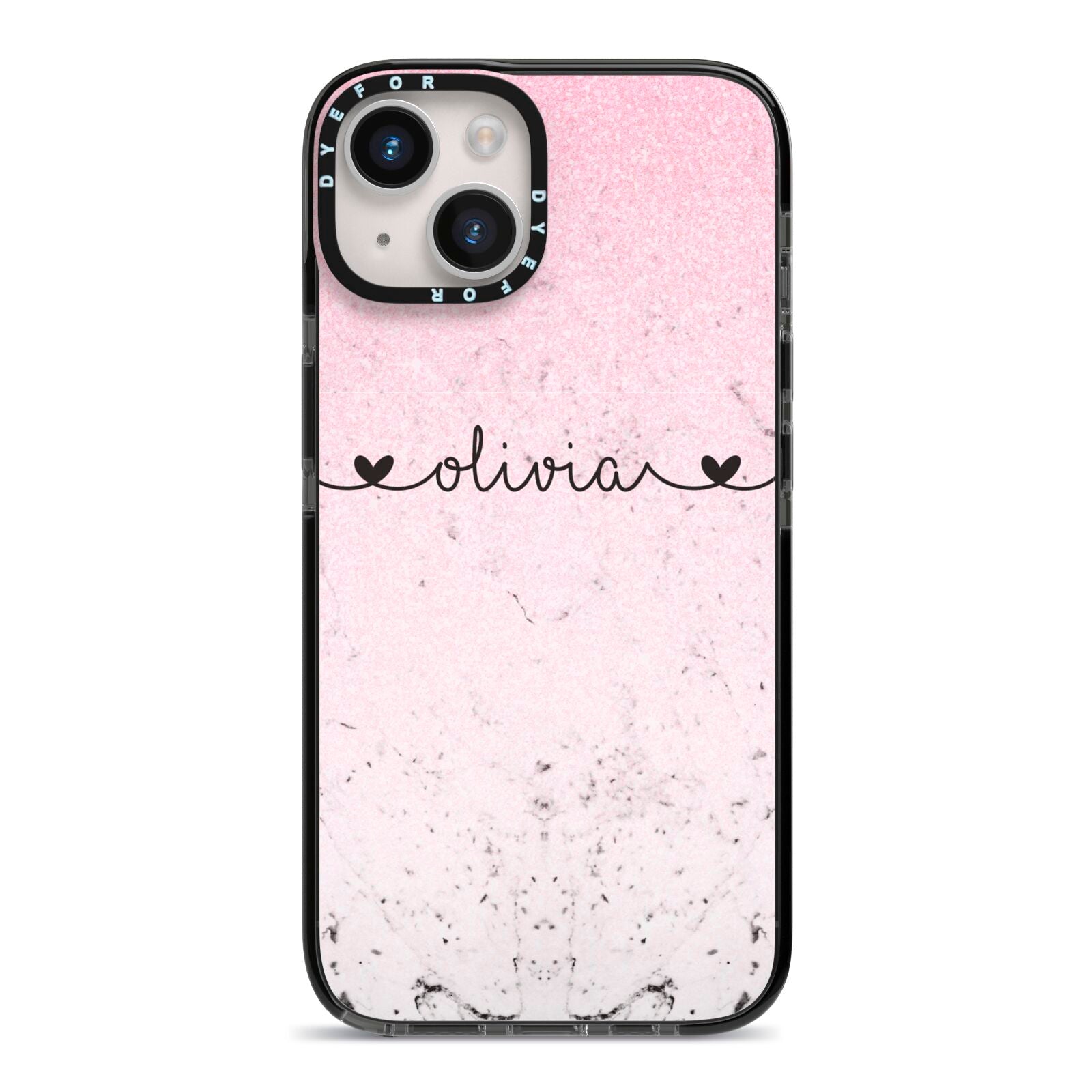 Personalised Faux Glitter Marble Name iPhone 14 Black Impact Case on Silver phone
