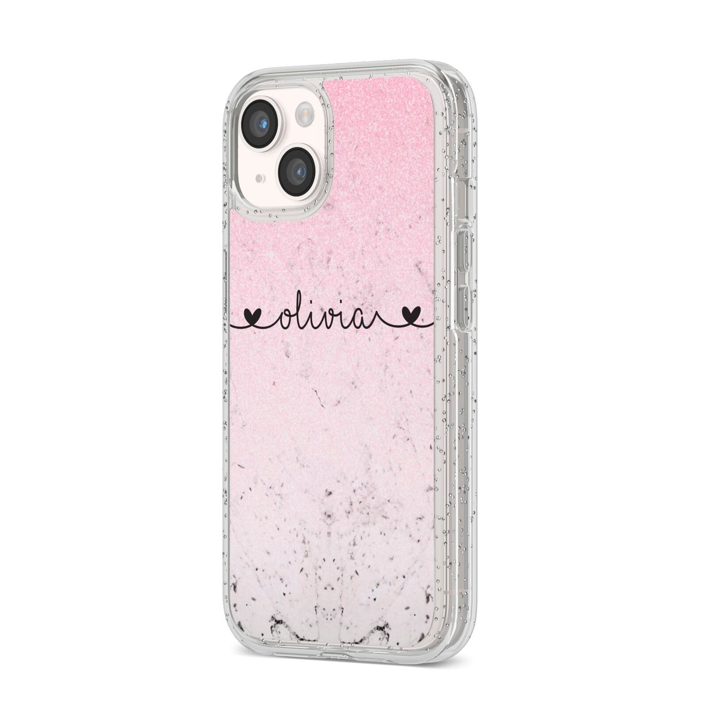 Personalised Faux Glitter Marble Name iPhone 14 Glitter Tough Case Starlight Angled Image