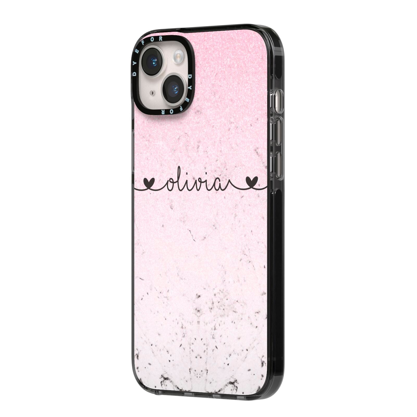 Personalised Faux Glitter Marble Name iPhone 14 Plus Black Impact Case Side Angle on Silver phone