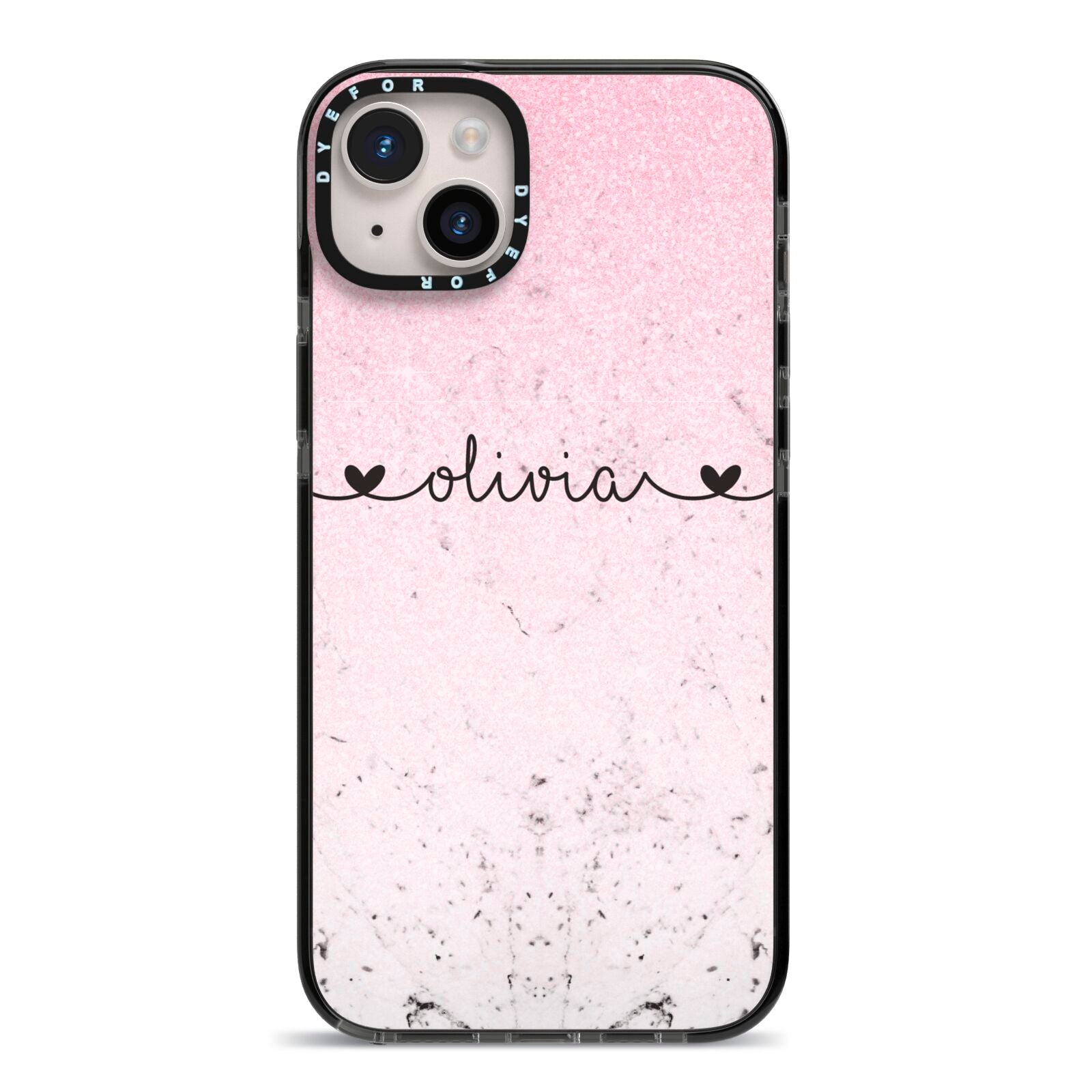 Personalised Faux Glitter Marble Name iPhone 14 Plus Black Impact Case on Silver phone