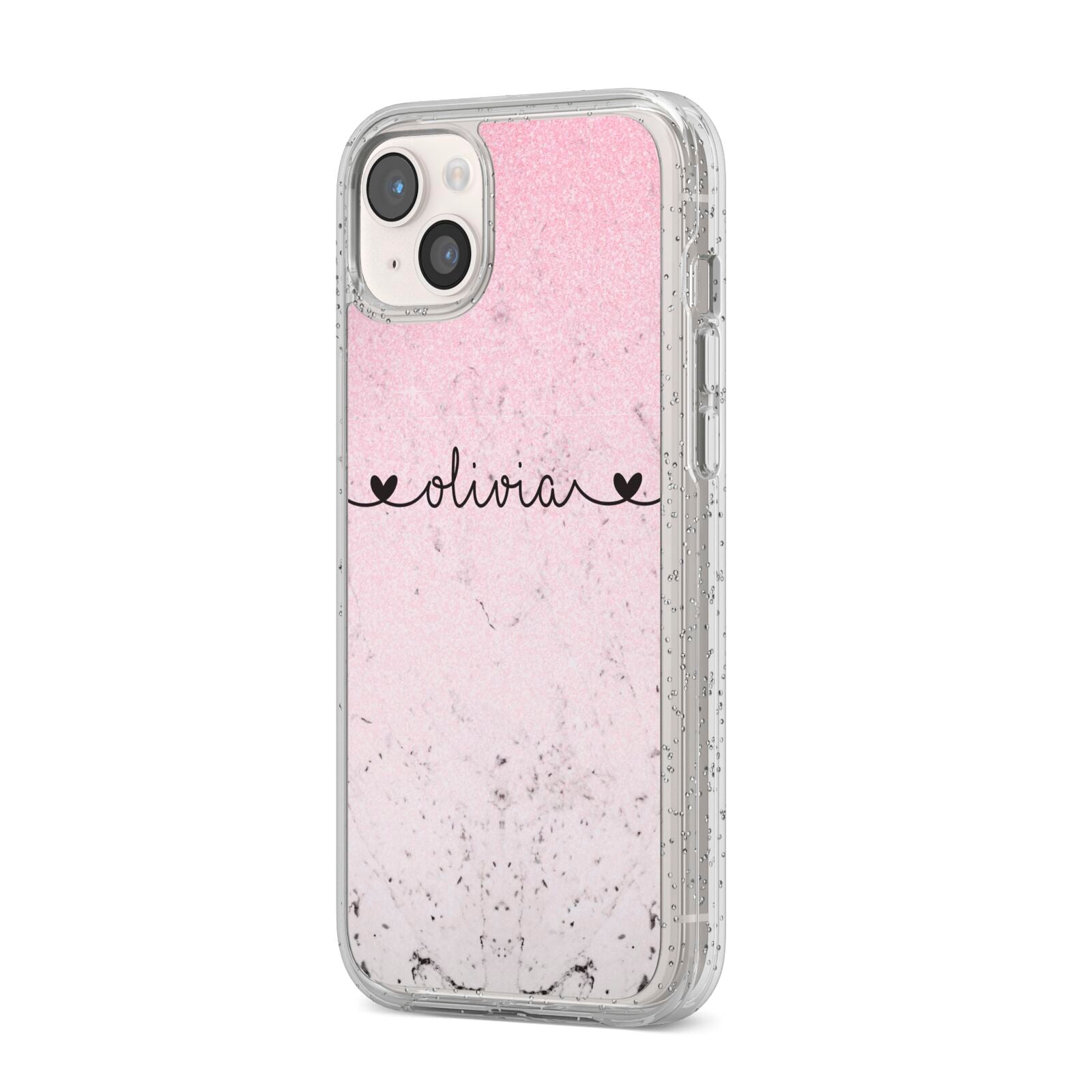 Personalised Faux Glitter Marble Name iPhone 14 Plus Glitter Tough Case Starlight Angled Image