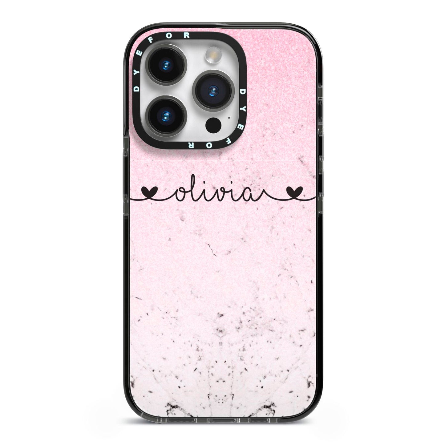 Personalised Faux Glitter Marble Name iPhone 14 Pro Black Impact Case on Silver phone