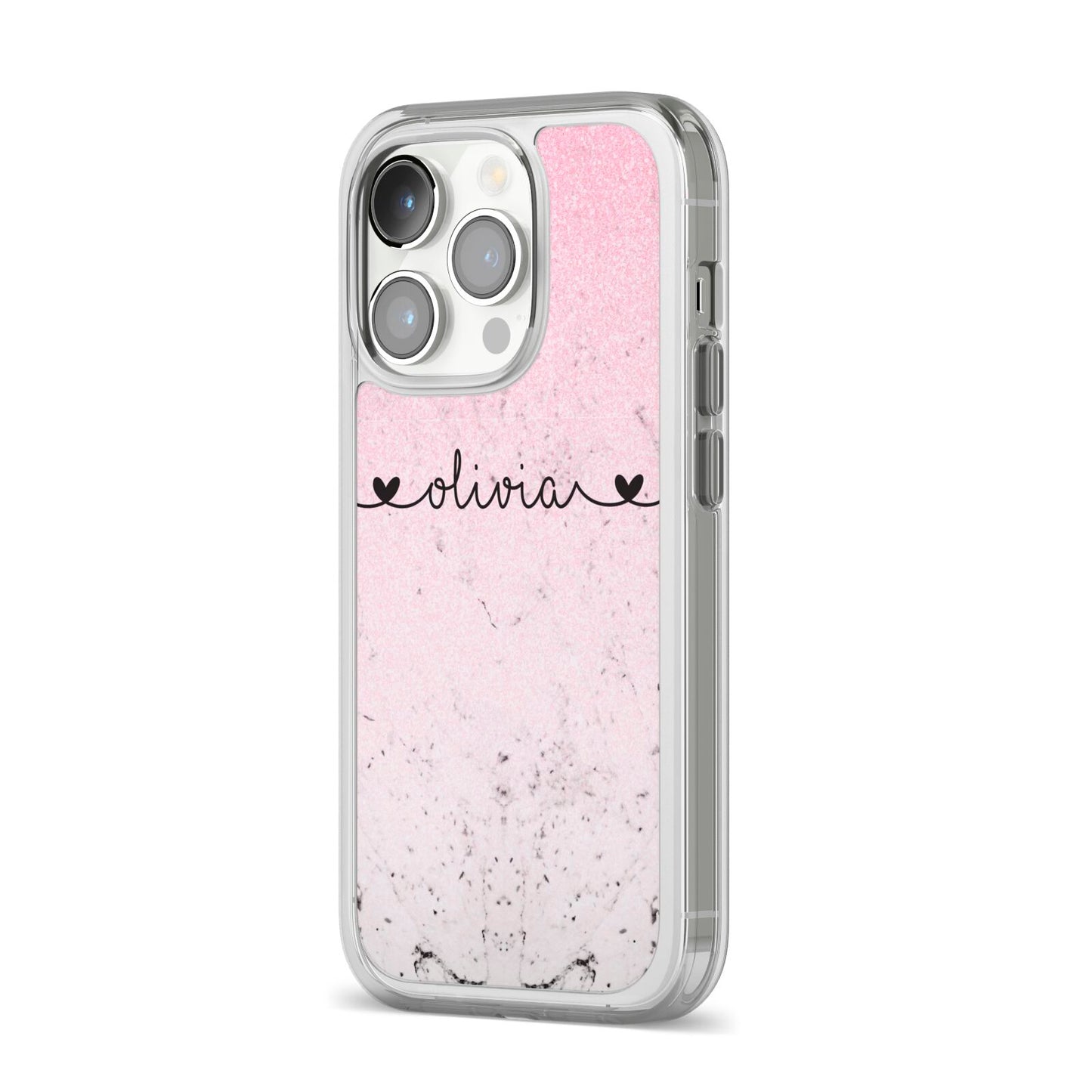Personalised Faux Glitter Marble Name iPhone 14 Pro Clear Tough Case Silver Angled Image