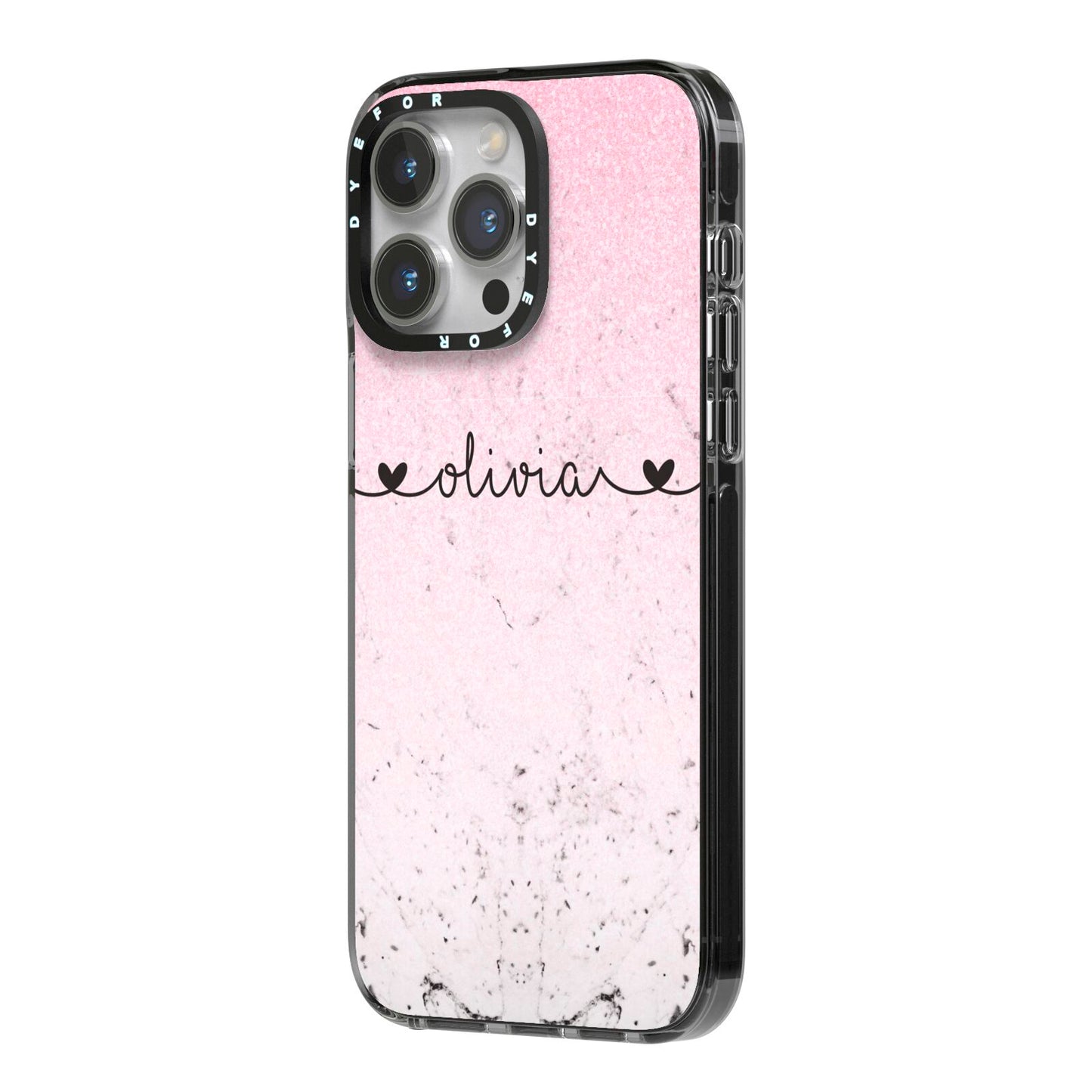 Personalised Faux Glitter Marble Name iPhone 14 Pro Max Black Impact Case Side Angle on Silver phone