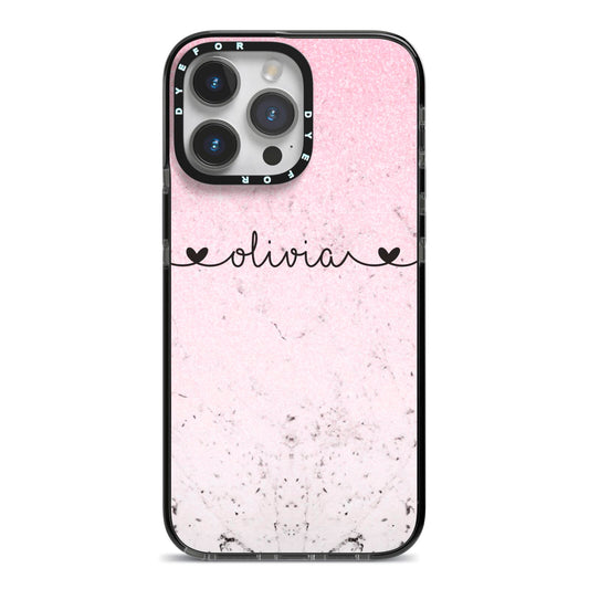 Personalised Faux Glitter Marble Name iPhone 14 Pro Max Black Impact Case on Silver phone