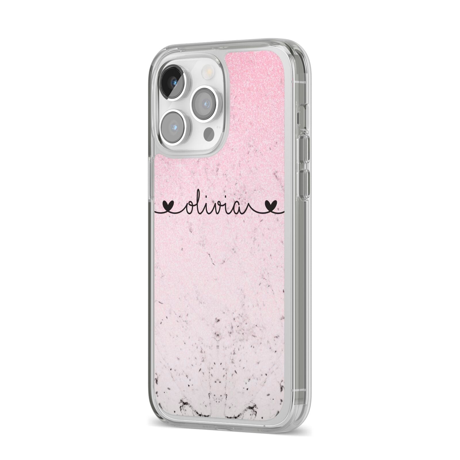 Personalised Faux Glitter Marble Name iPhone 14 Pro Max Clear Tough Case Silver Angled Image