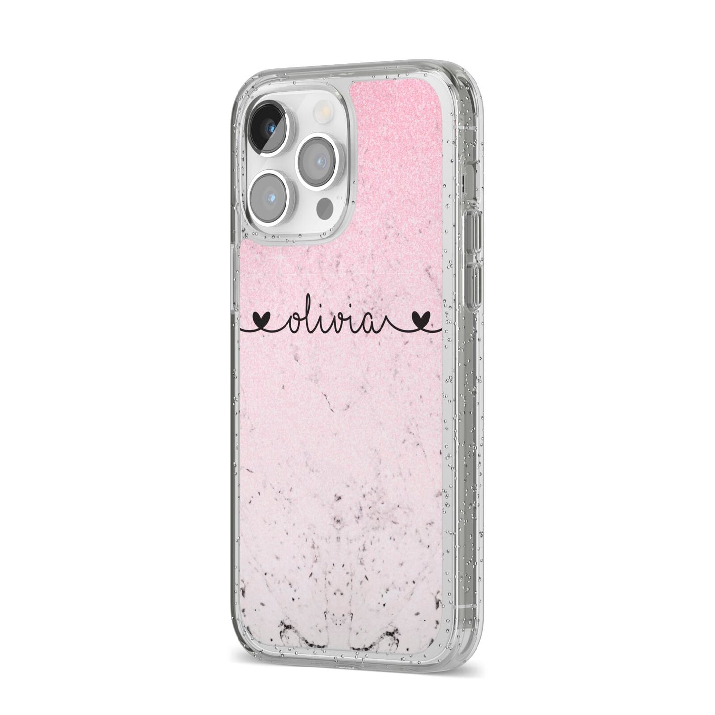 Personalised Faux Glitter Marble Name iPhone 14 Pro Max Glitter Tough Case Silver Angled Image