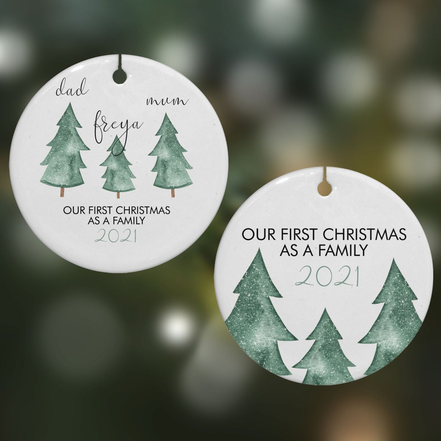 Personalised First Christmas Family Round Decoration on Christmas Background