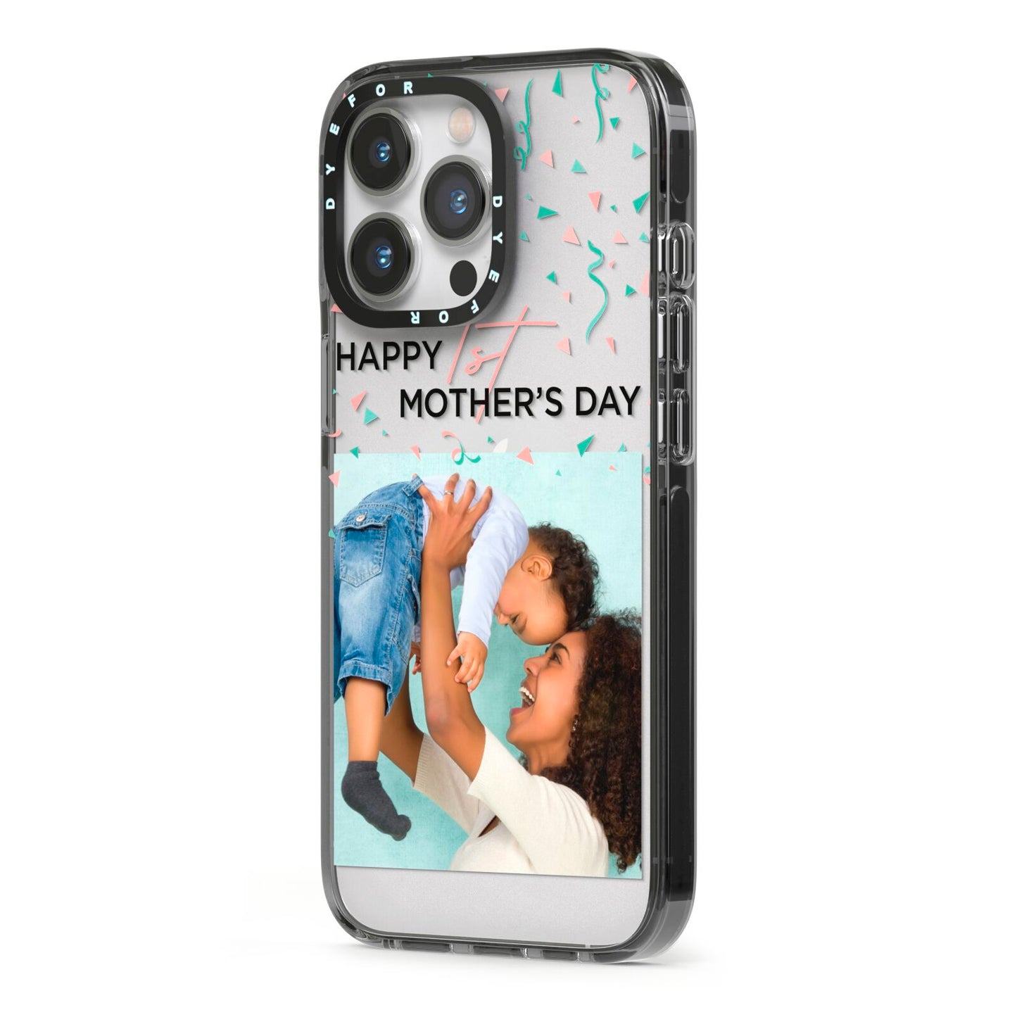 Personalised First Mothers Day iPhone 13 Pro Black Impact Case Side Angle on Silver phone