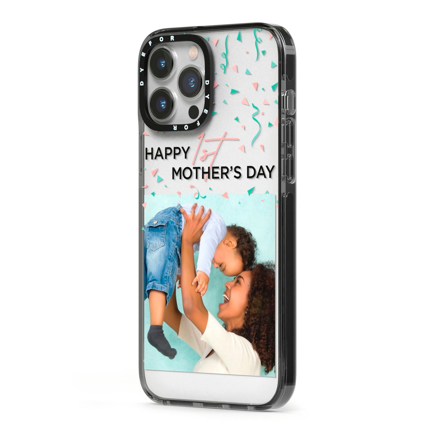 Personalised First Mothers Day iPhone 13 Pro Max Black Impact Case Side Angle on Silver phone