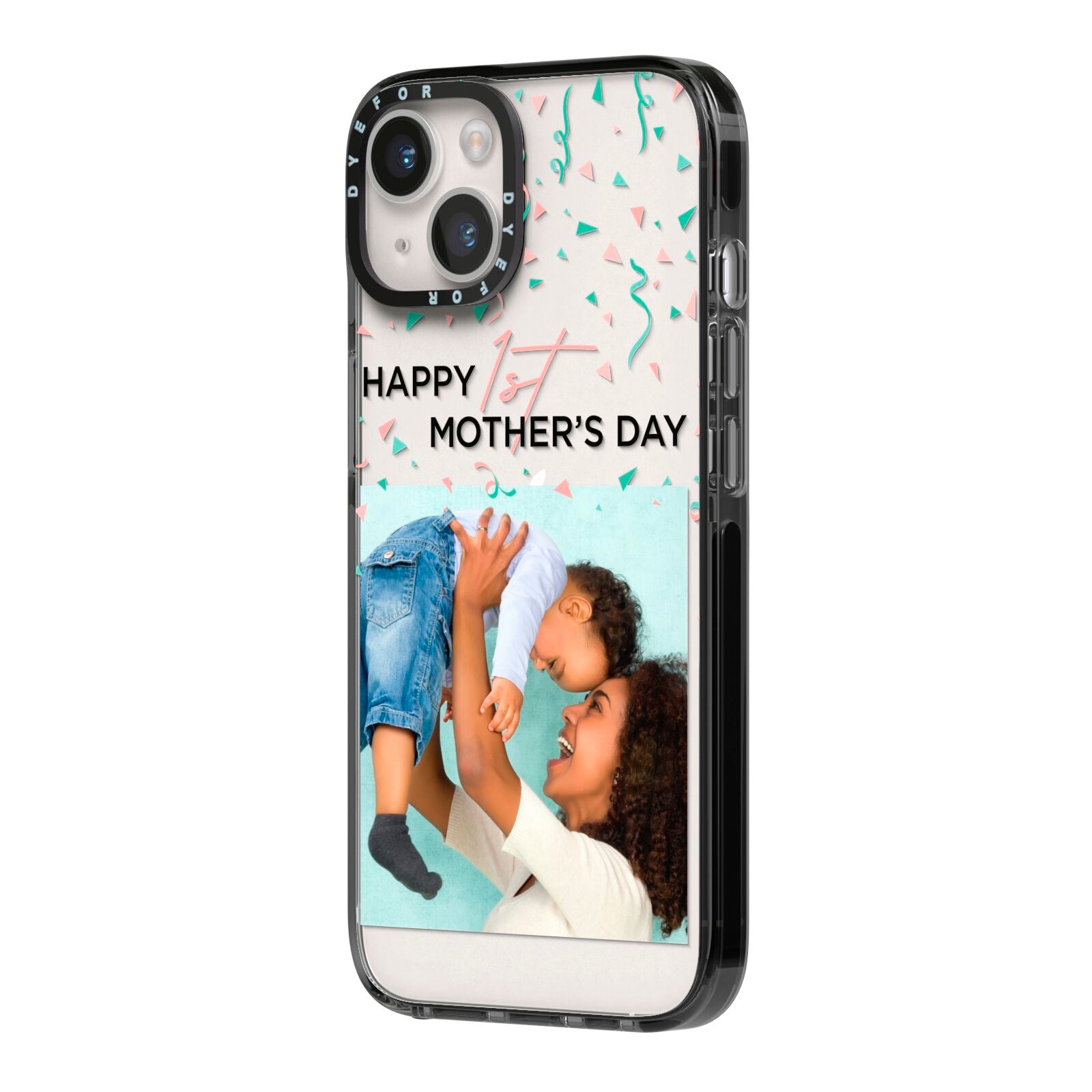 Personalised First Mothers Day iPhone 14 Black Impact Case Side Angle on Silver phone