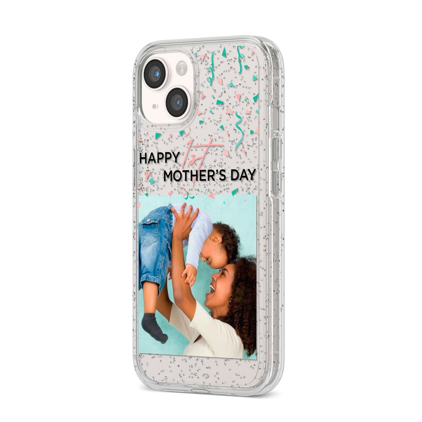 Personalised First Mothers Day iPhone 14 Glitter Tough Case Starlight Angled Image