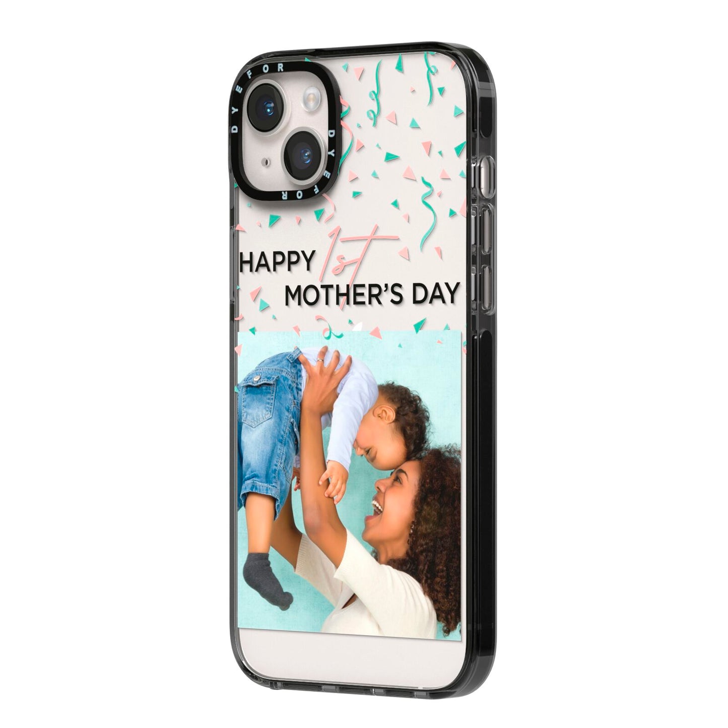 Personalised First Mothers Day iPhone 14 Plus Black Impact Case Side Angle on Silver phone